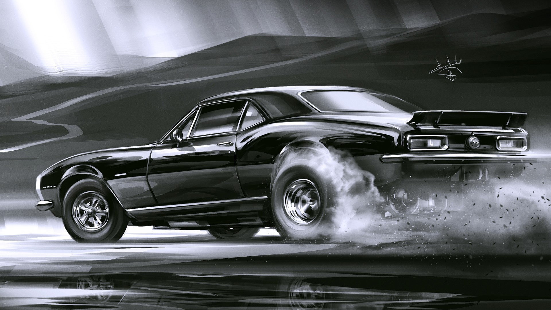 Monochrome digital art of a black Camaro SS doing a burnout HD Wallpaper