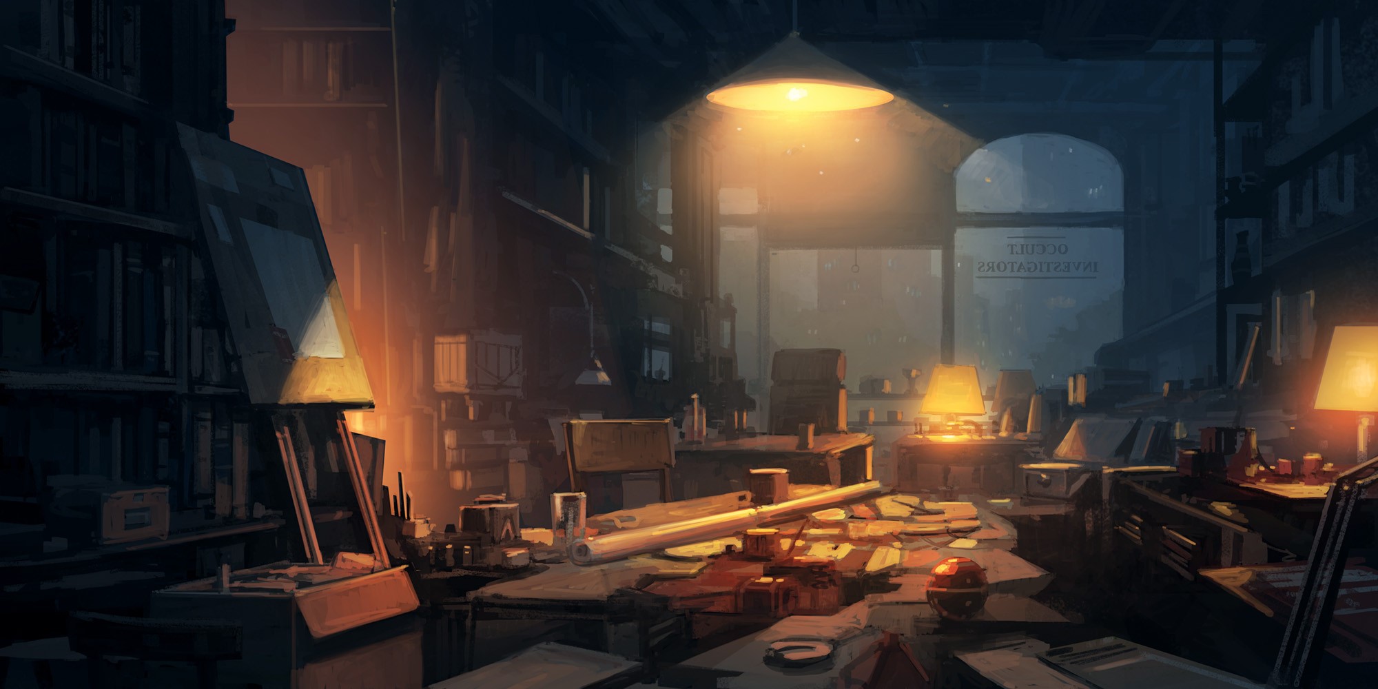 Cluttered study with bookshelves and lamps HD Wallpaper