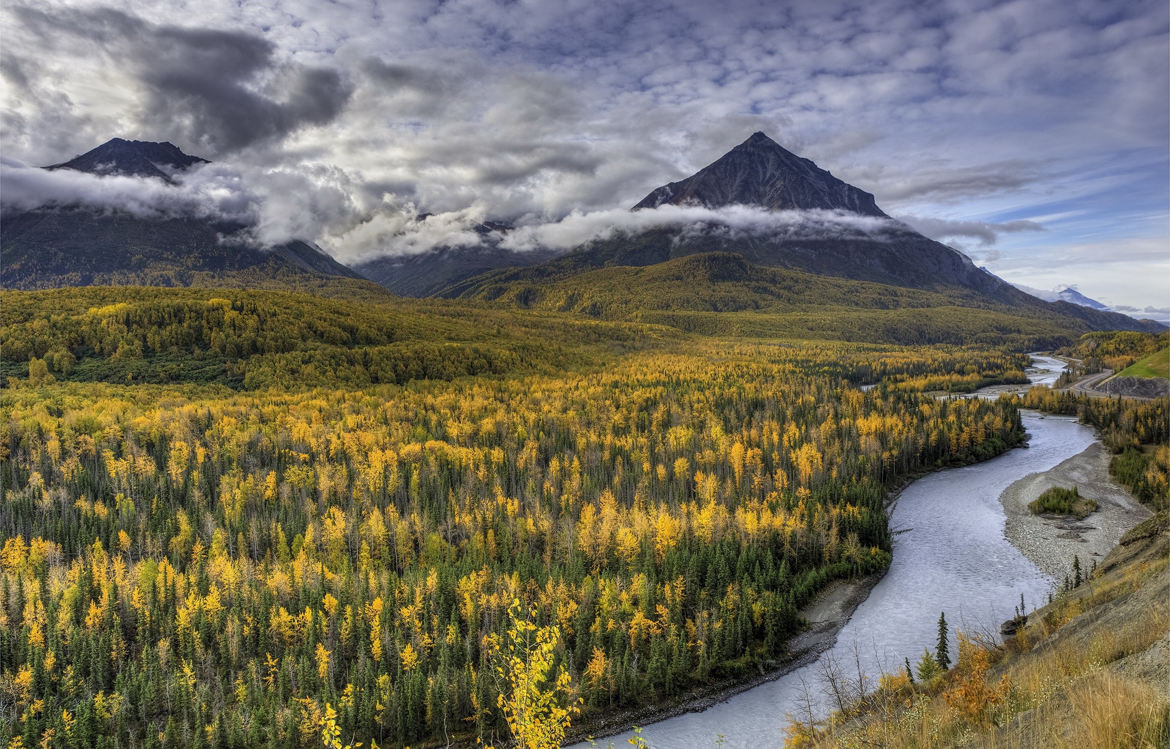 Autumn forest and river with mountains in Alaska HD Wallpaper