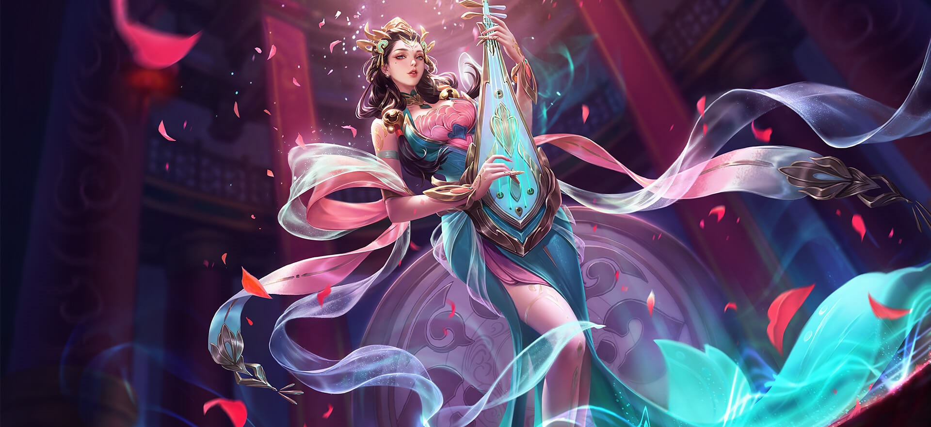 Anime girl playing a lute with ribbons and petals HD Wallpaper