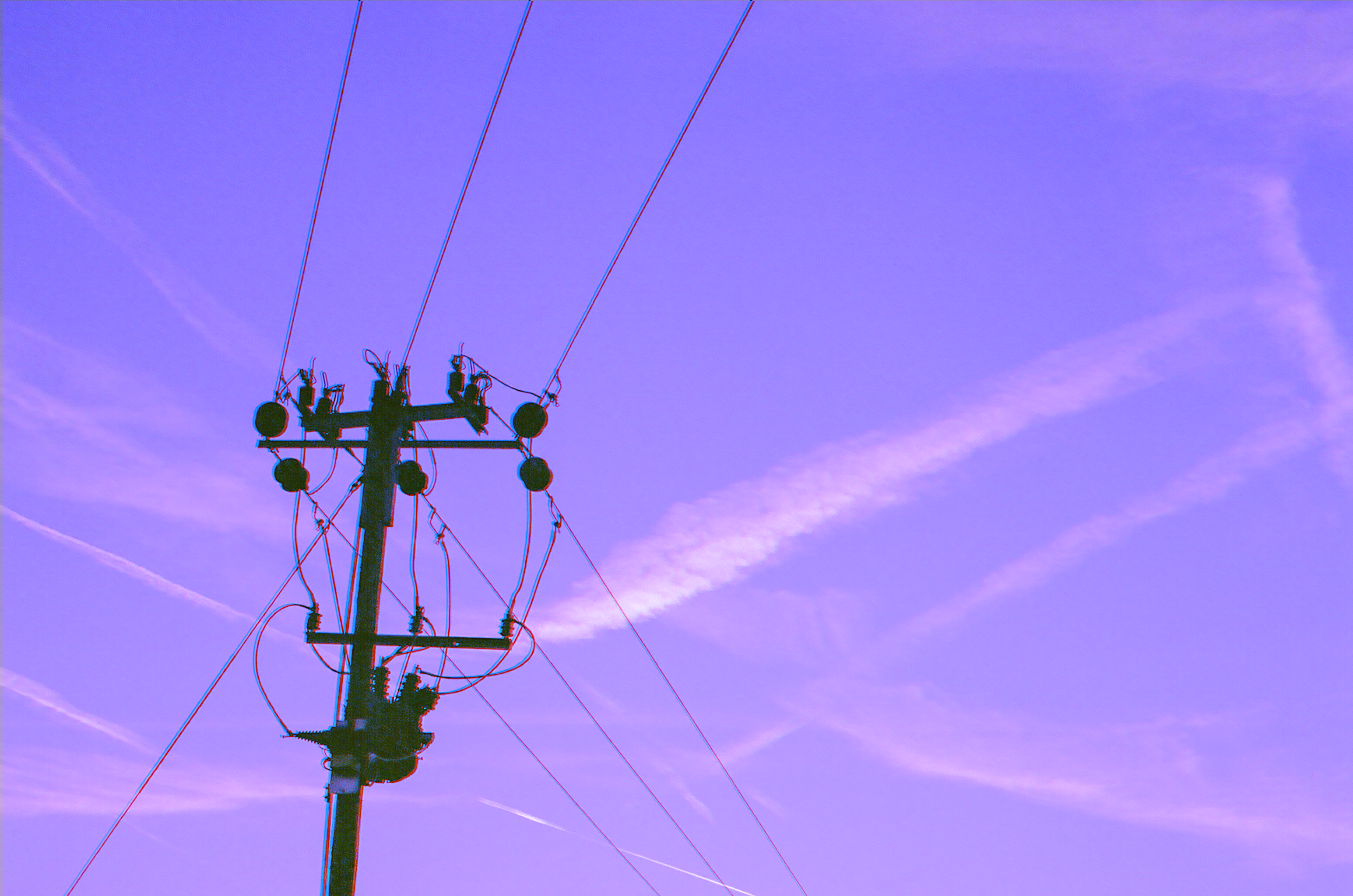 Telephone pole with wires and contrails HD Wallpaper