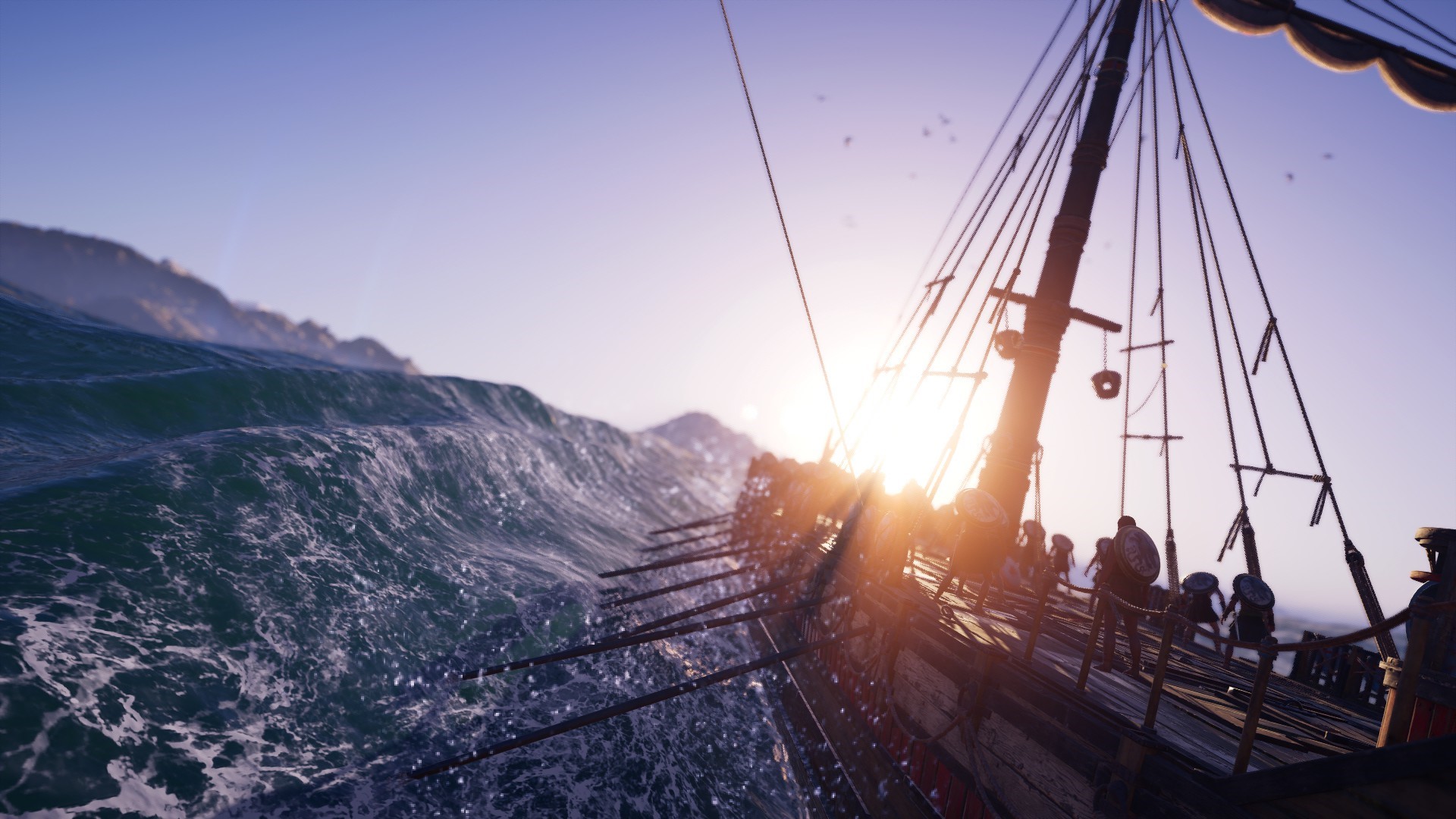 Assassin's Creed Odyssey: Ship sailing through rough seas at sunset HD Wallpaper