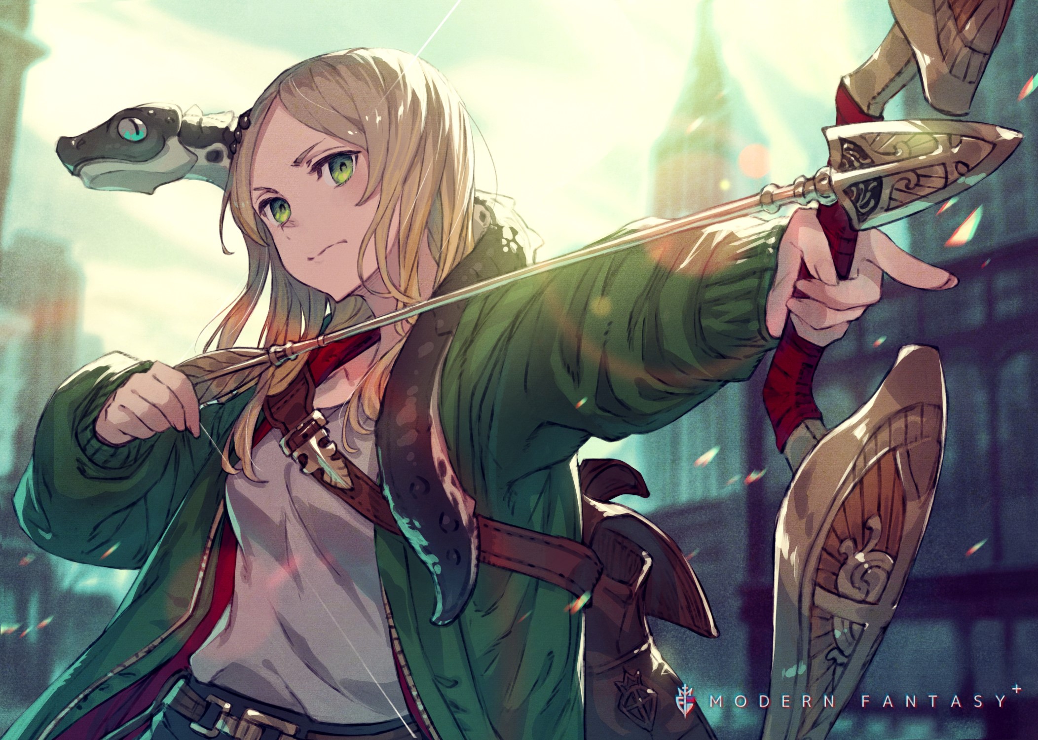Anime girl with blonde hair and green eyes holding a bow HD Wallpaper