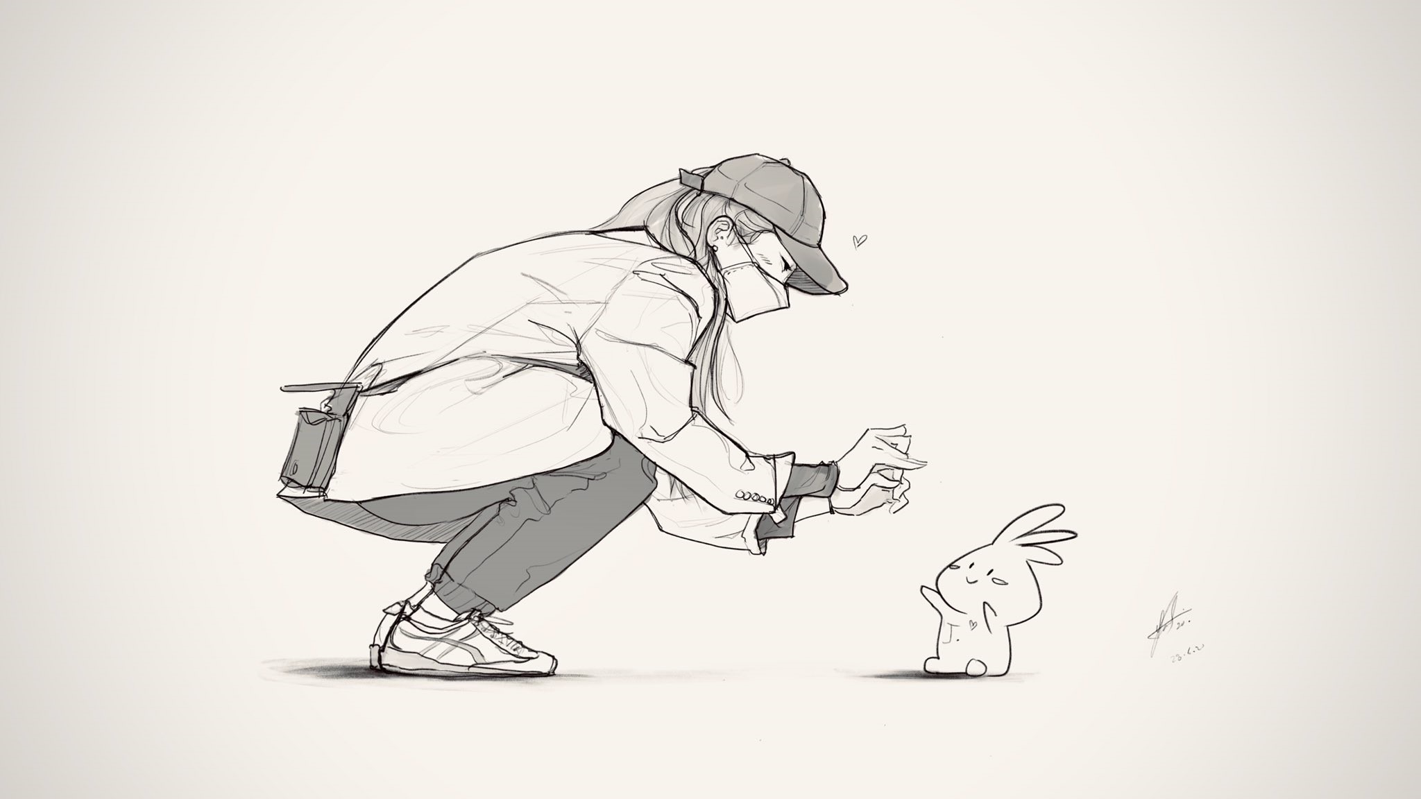 Anime girl in mask and cap interacting with a cute creature HD Wallpaper