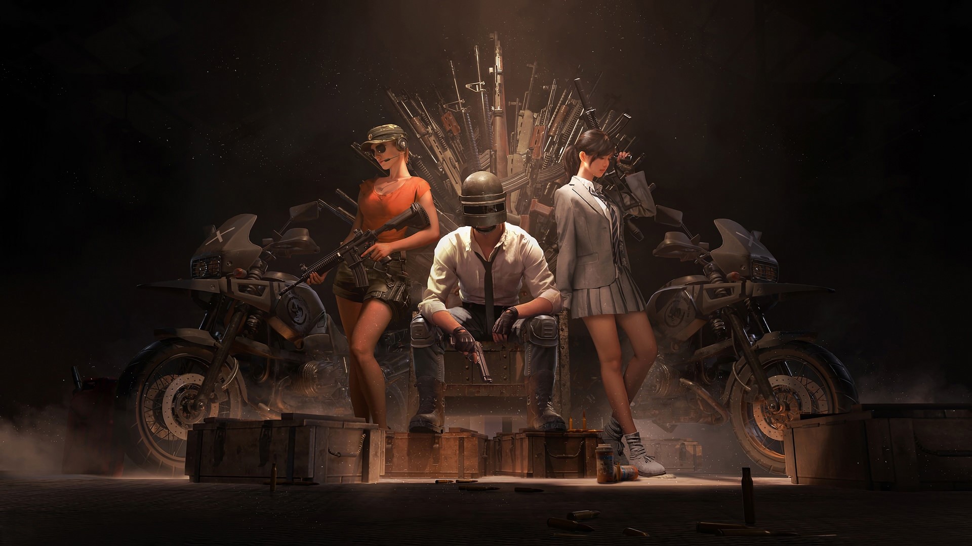 PUBG characters on a throne of weapons HD Wallpaper