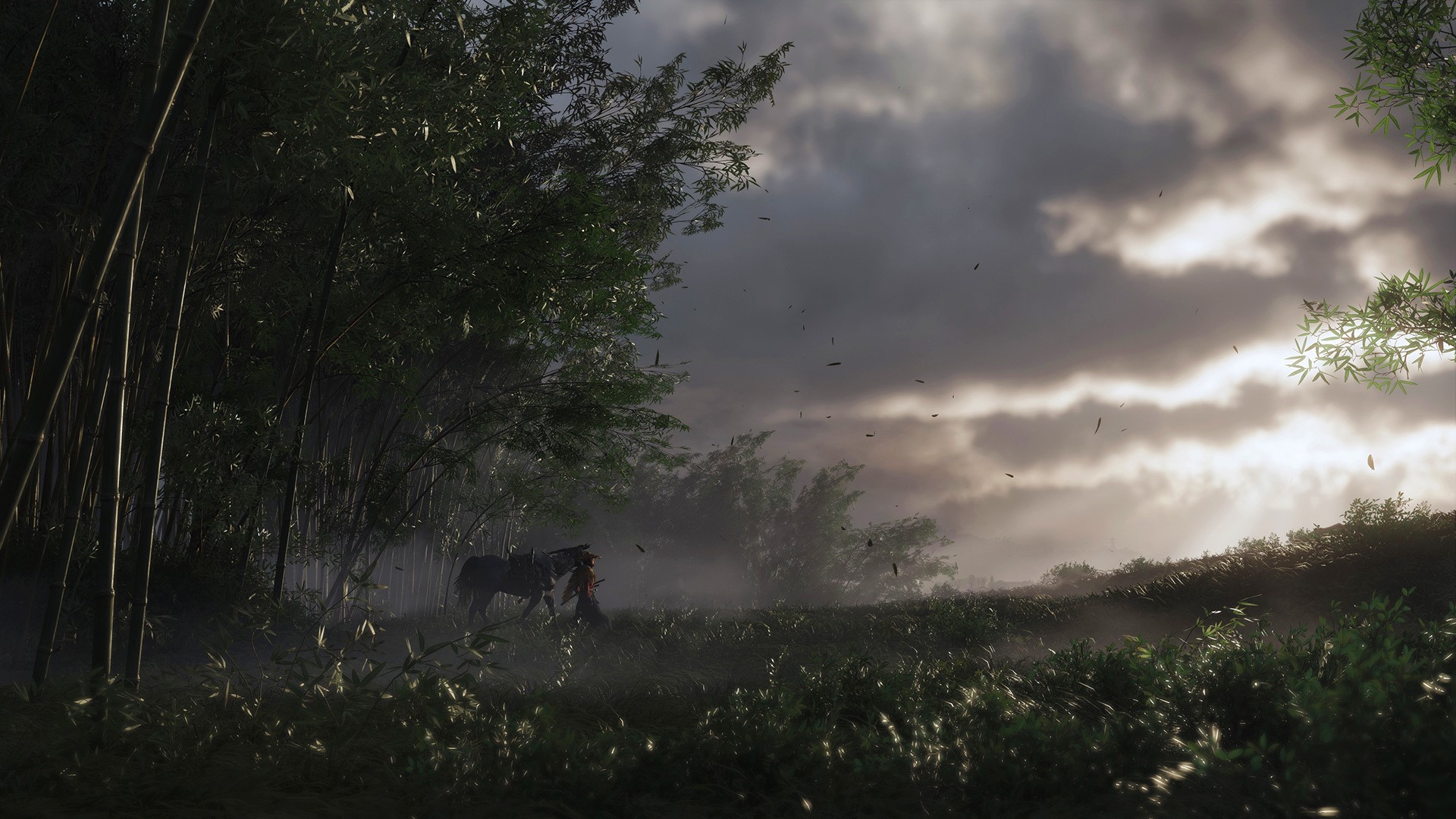 Ghost of Tsushima samurai with horse in bamboo forest HD Wallpaper