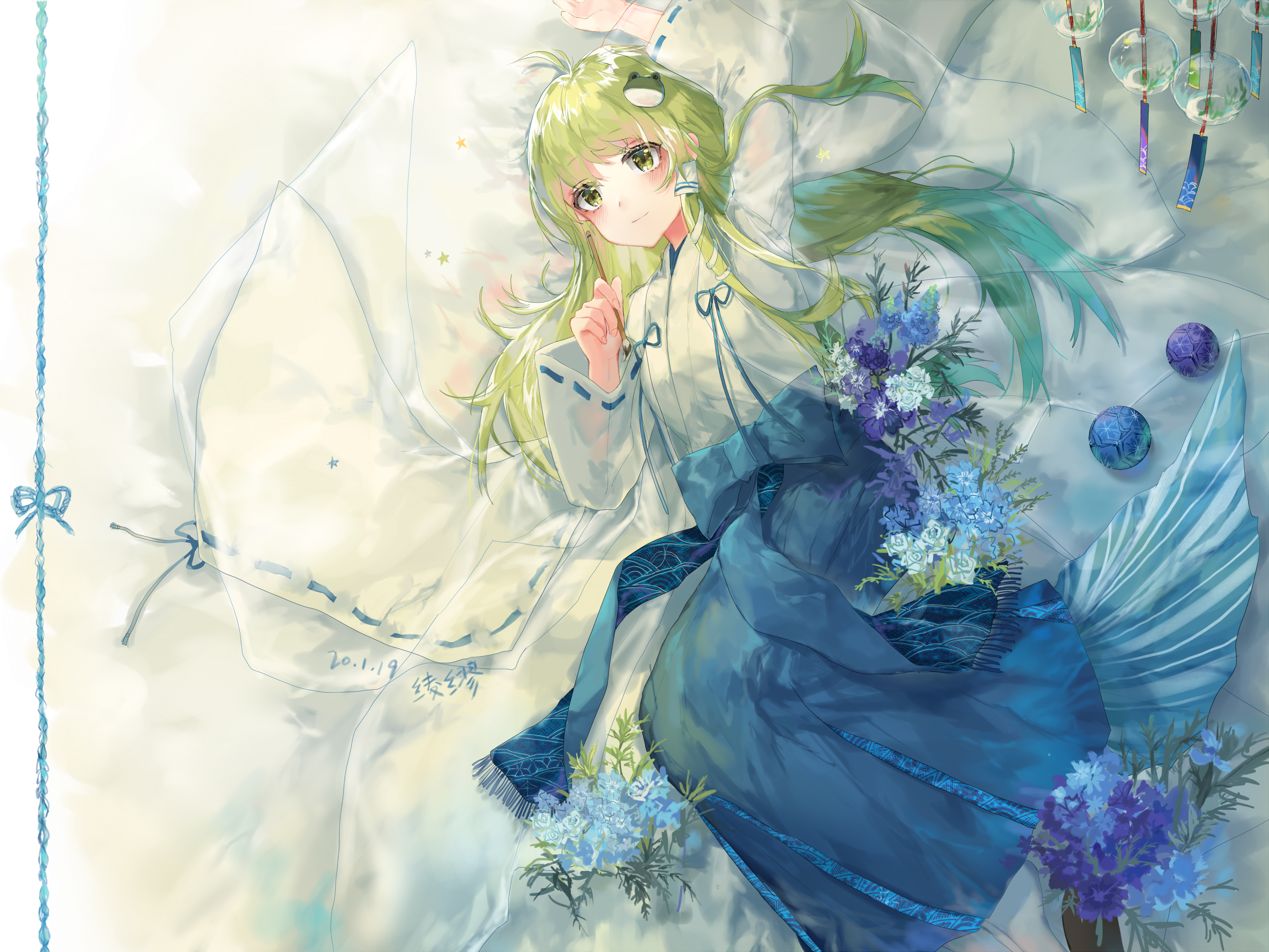 Kochiya Sanae from Touhou lying down with flowers HD Wallpaper