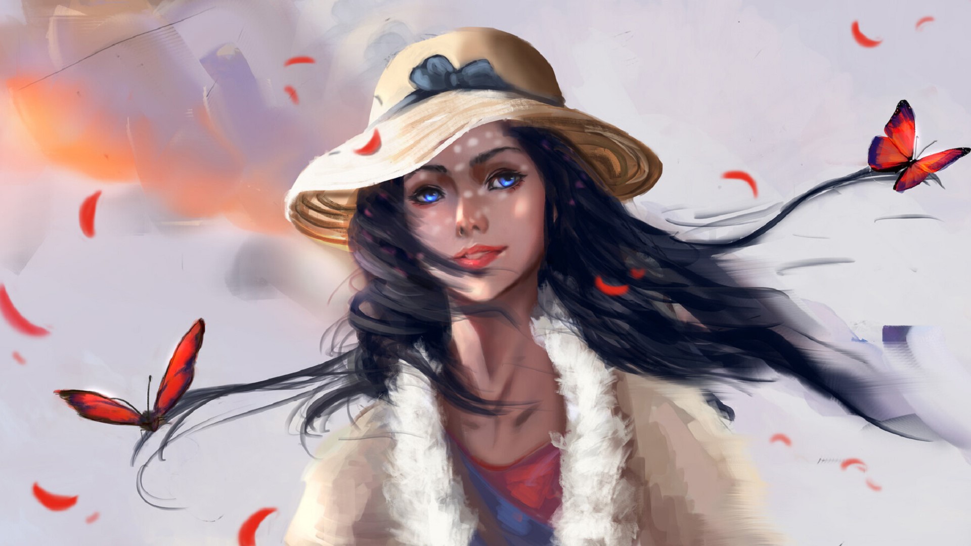 Woman with black hair and blue eyes wearing a hat and fur coat HD Wallpaper