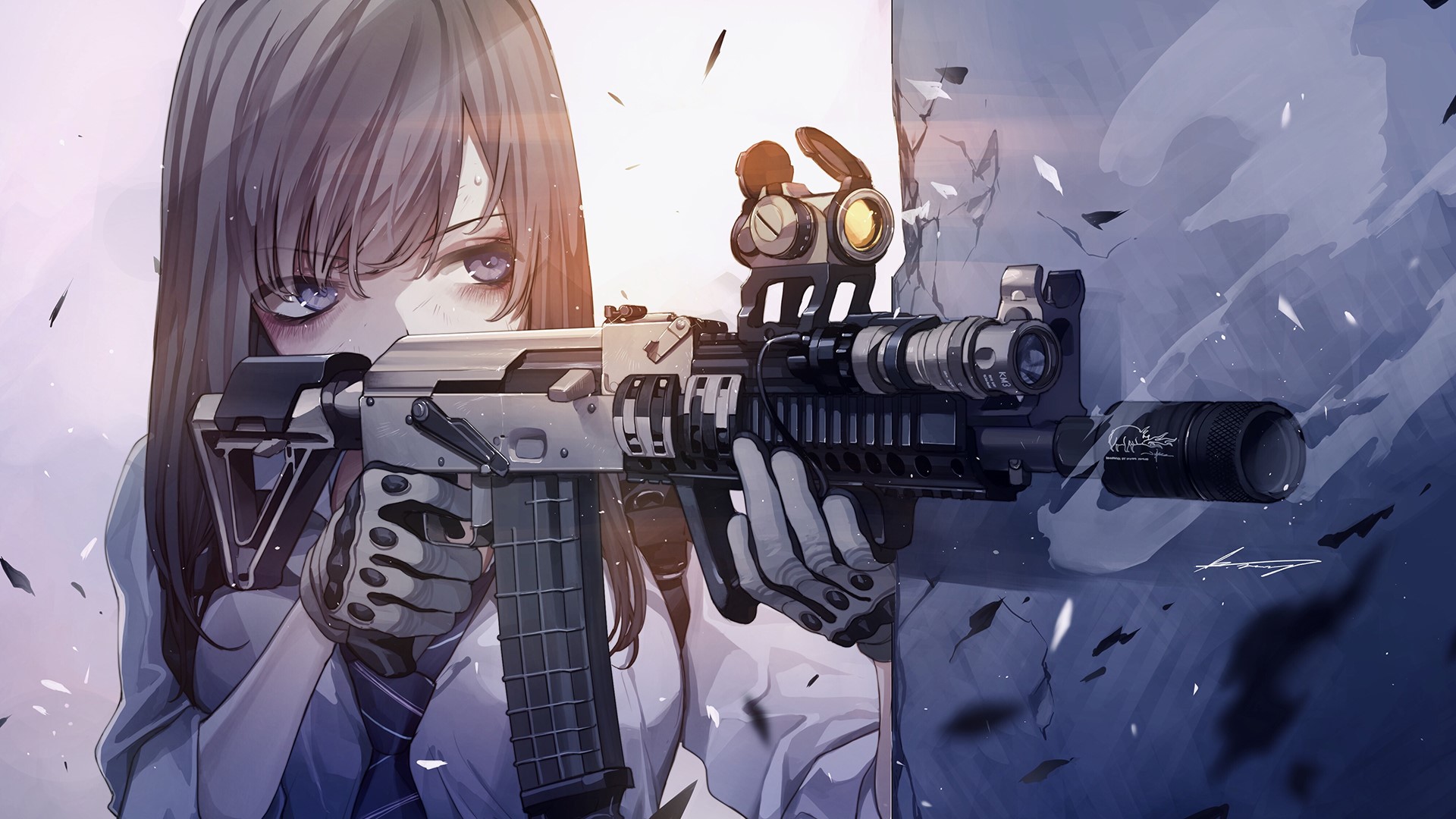 Anime girl with purple eyes holding a rifle HD Wallpaper