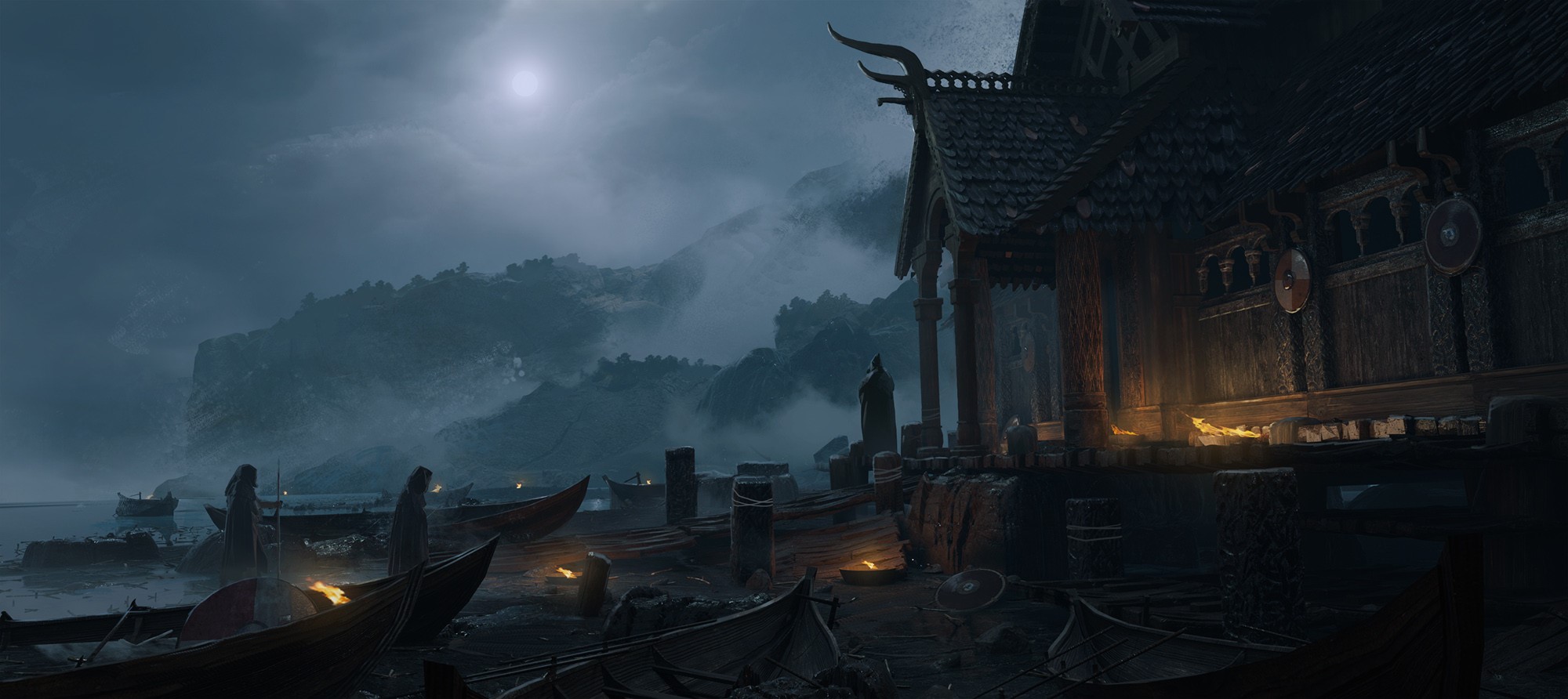 Viking village dock at night with boats and a building HD Wallpaper