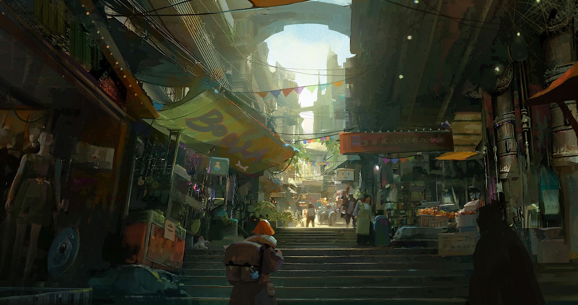 Artwork of a bustling marketplace with people and stalls HD Wallpaper