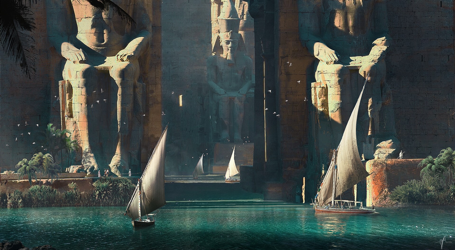 Artwork of ancient Egyptian statues and sailboats on a river HD Wallpaper