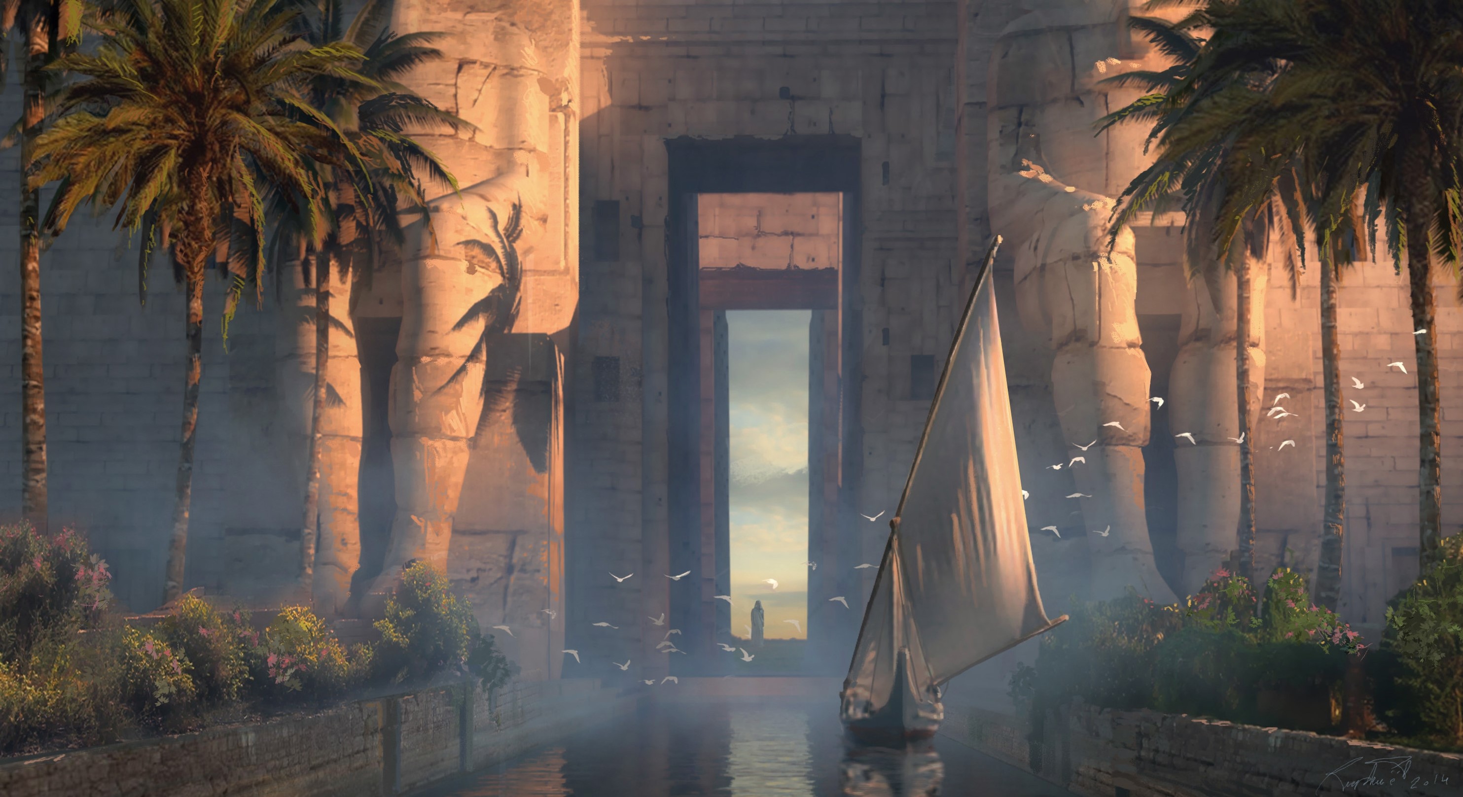 Ancient Egyptian Temple Entrance with Sailboat HD Wallpaper