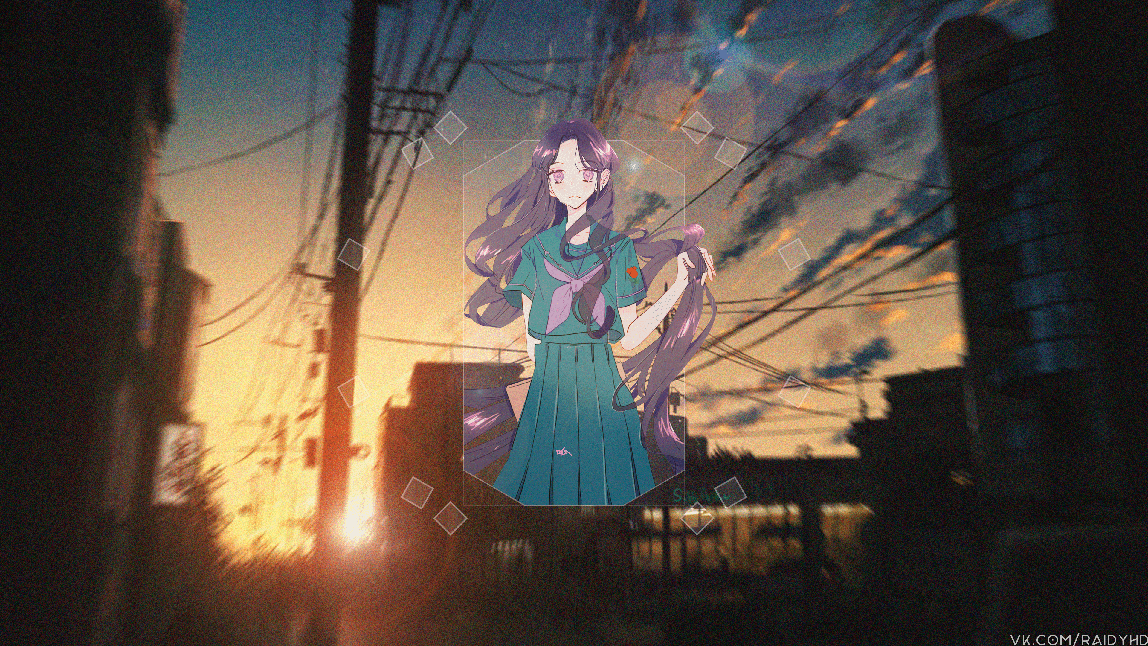 Anime girl in school uniform with purple hair HD Wallpaper