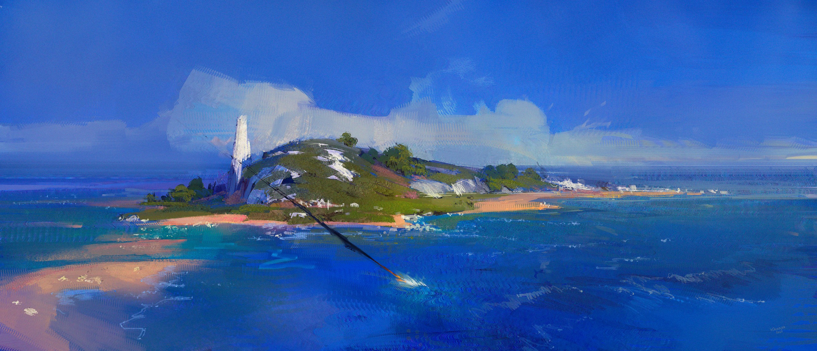 Island with lighthouse and boat by Aleksandr Chernobai HD Wallpaper