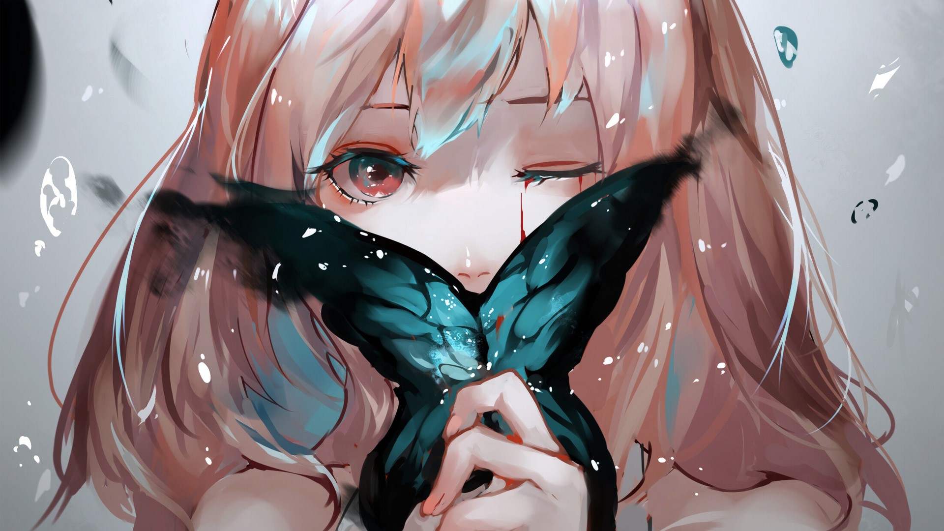 Anime girl with butterfly covering her mouth HD Wallpaper