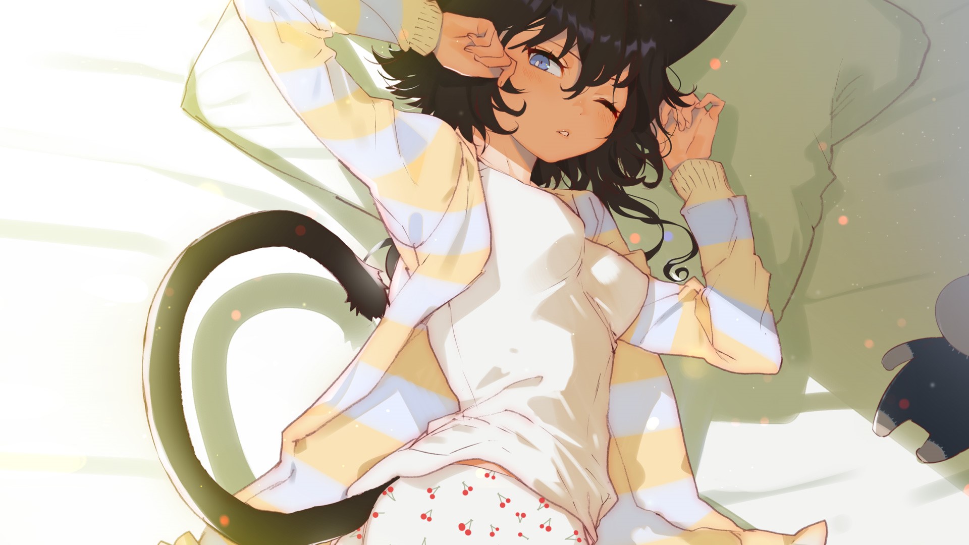 Anime cat girl stretching in bed with cherry pajamas HD Wallpaper