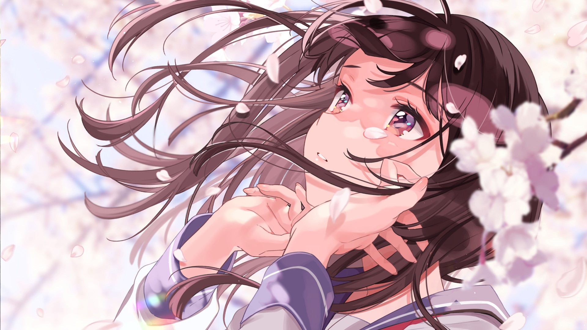 Anime girl with long hair and flowers HD Wallpaper