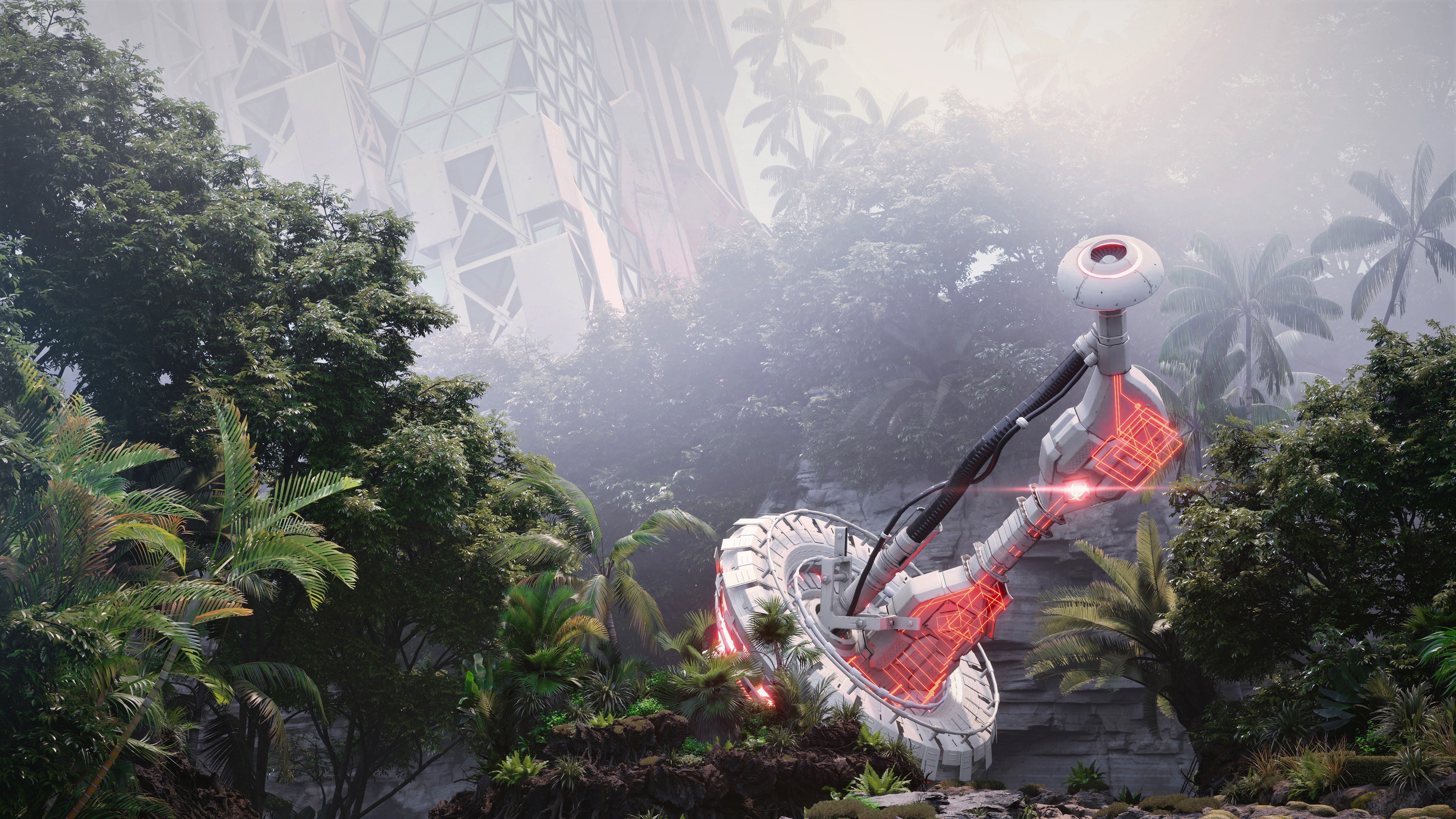 Futuristic spaceship wreckage in a jungle HD Wallpaper