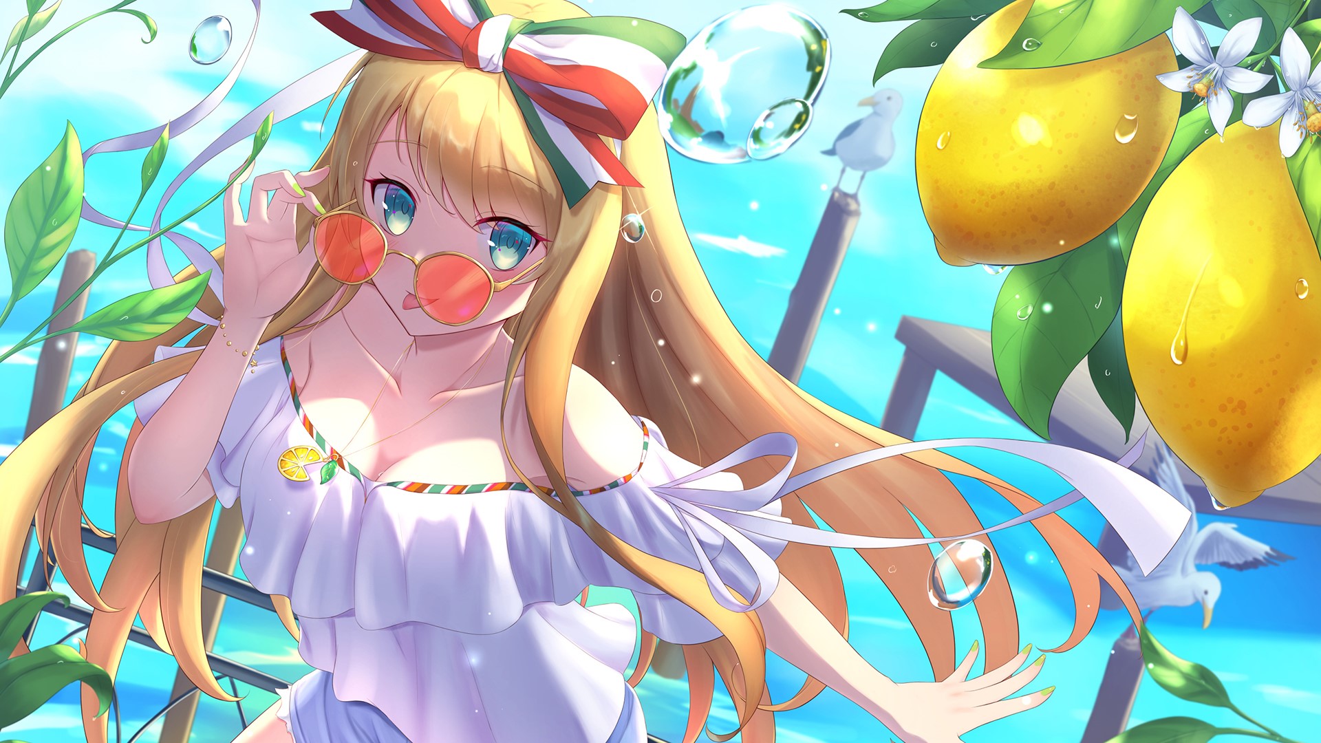 Anime girl with blonde hair and aqua eyes wearing sunglasses HD Wallpaper