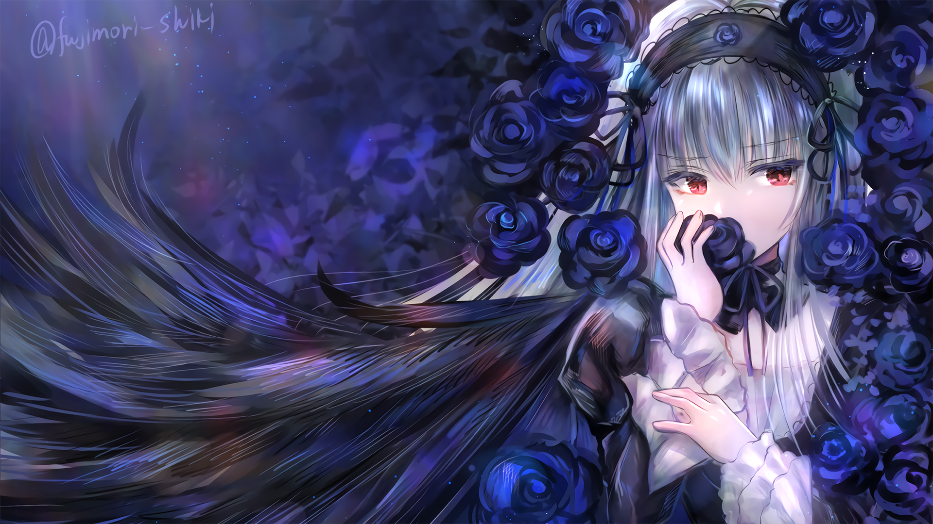 Suigintou from Rozen Maiden with blue roses HD Wallpaper