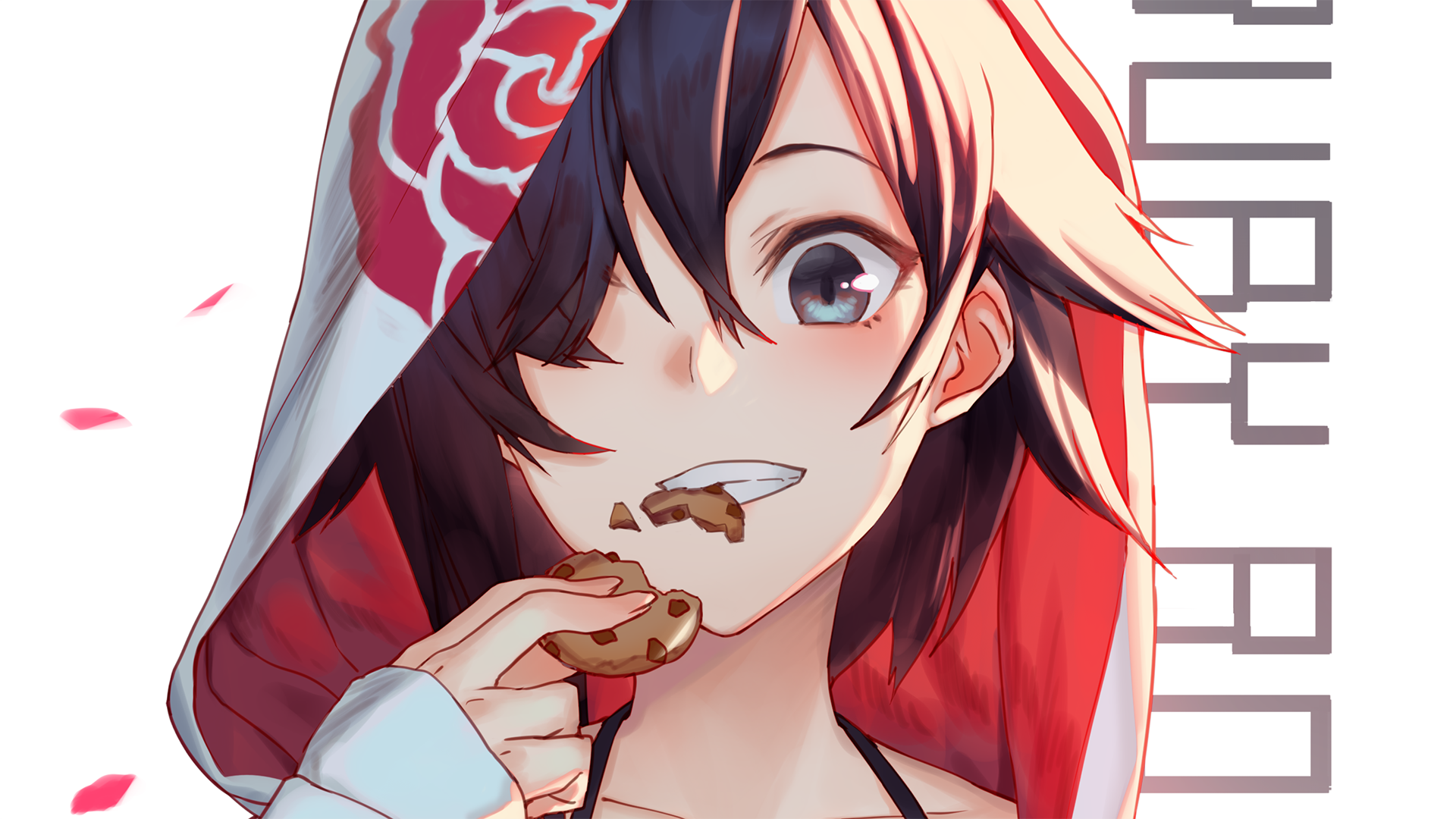 Anime girl with rose-patterned hood eating cookie HD Wallpaper