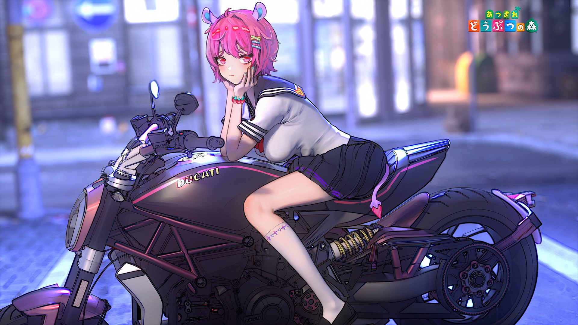 Anime girl with pink hair on a Ducati motorcycle HD Wallpaper