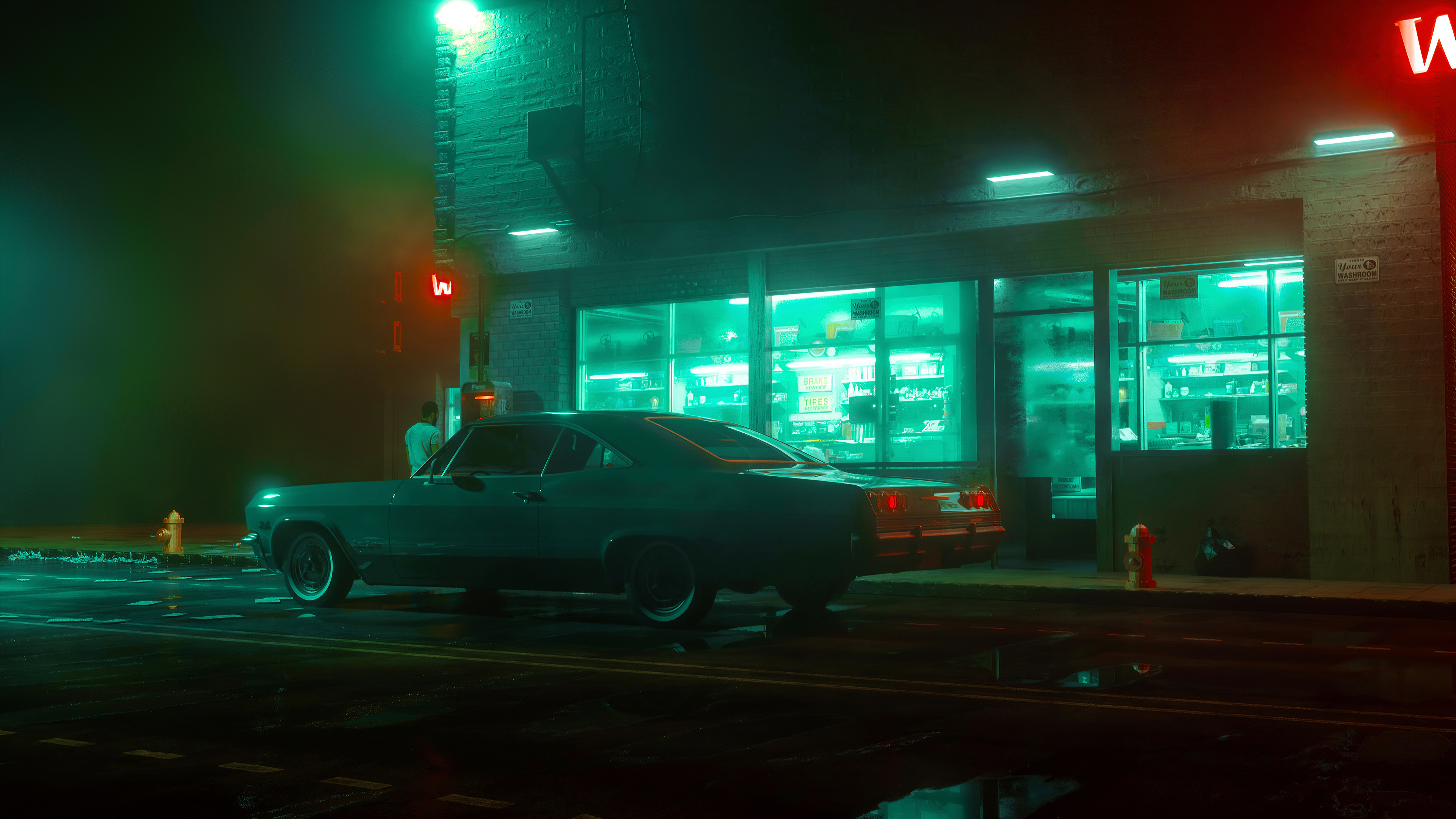 4K Retrowave Car at Neon Store at Night HD Wallpaper
