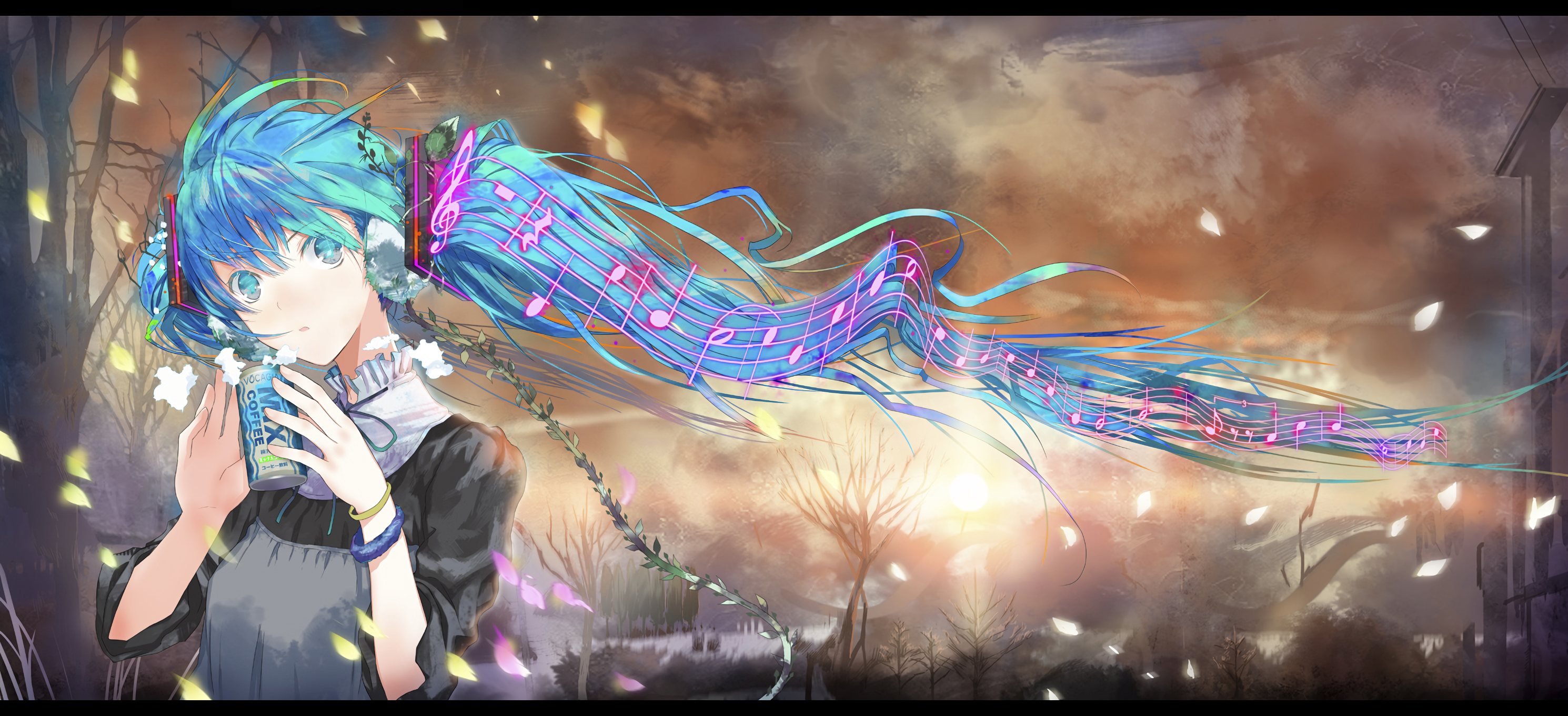 Hatsune Miku with musical notes in hair HD Wallpaper
