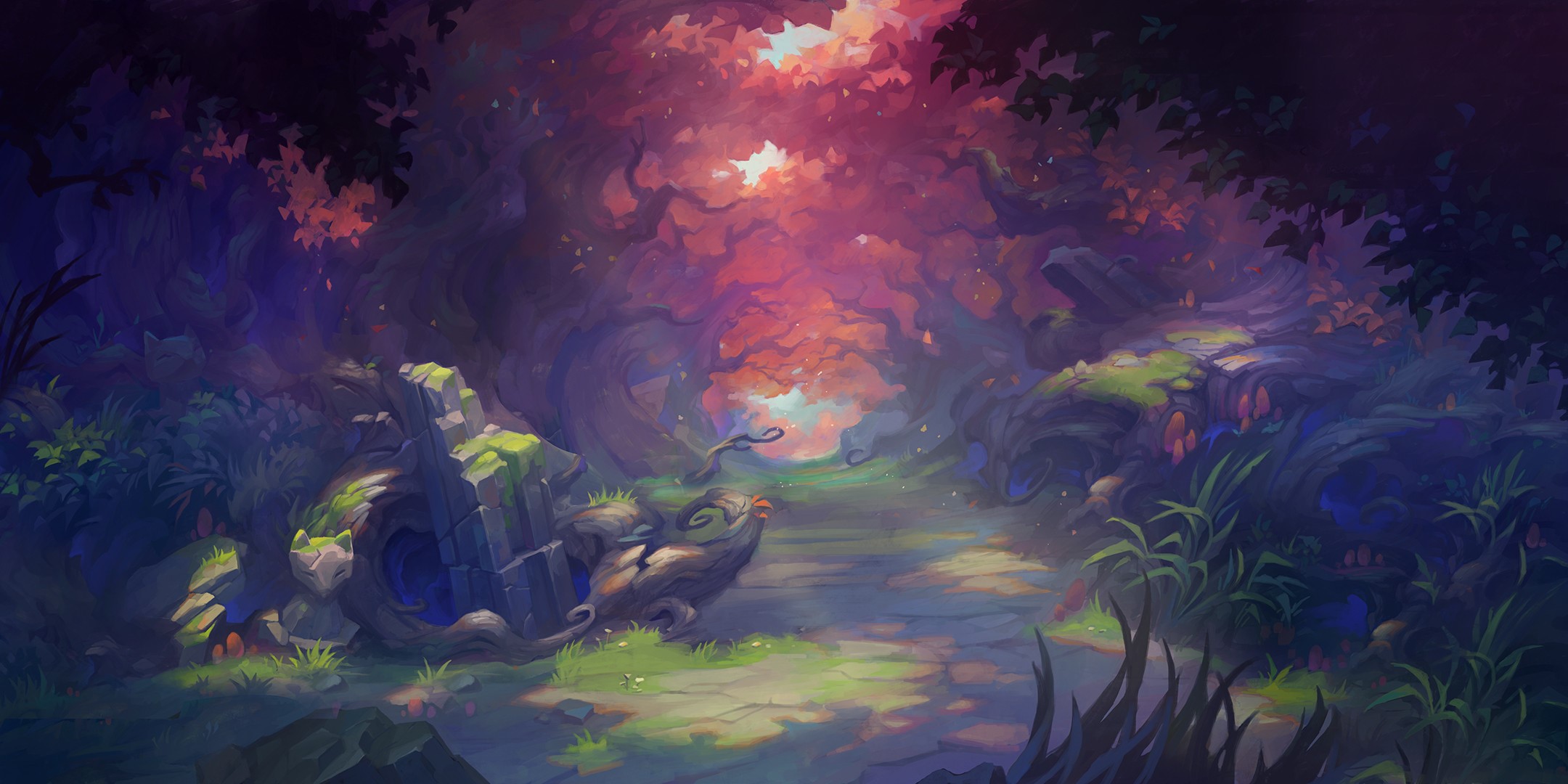 Enchanted forest path with ancient ruins and glowing mushrooms HD Wallpaper