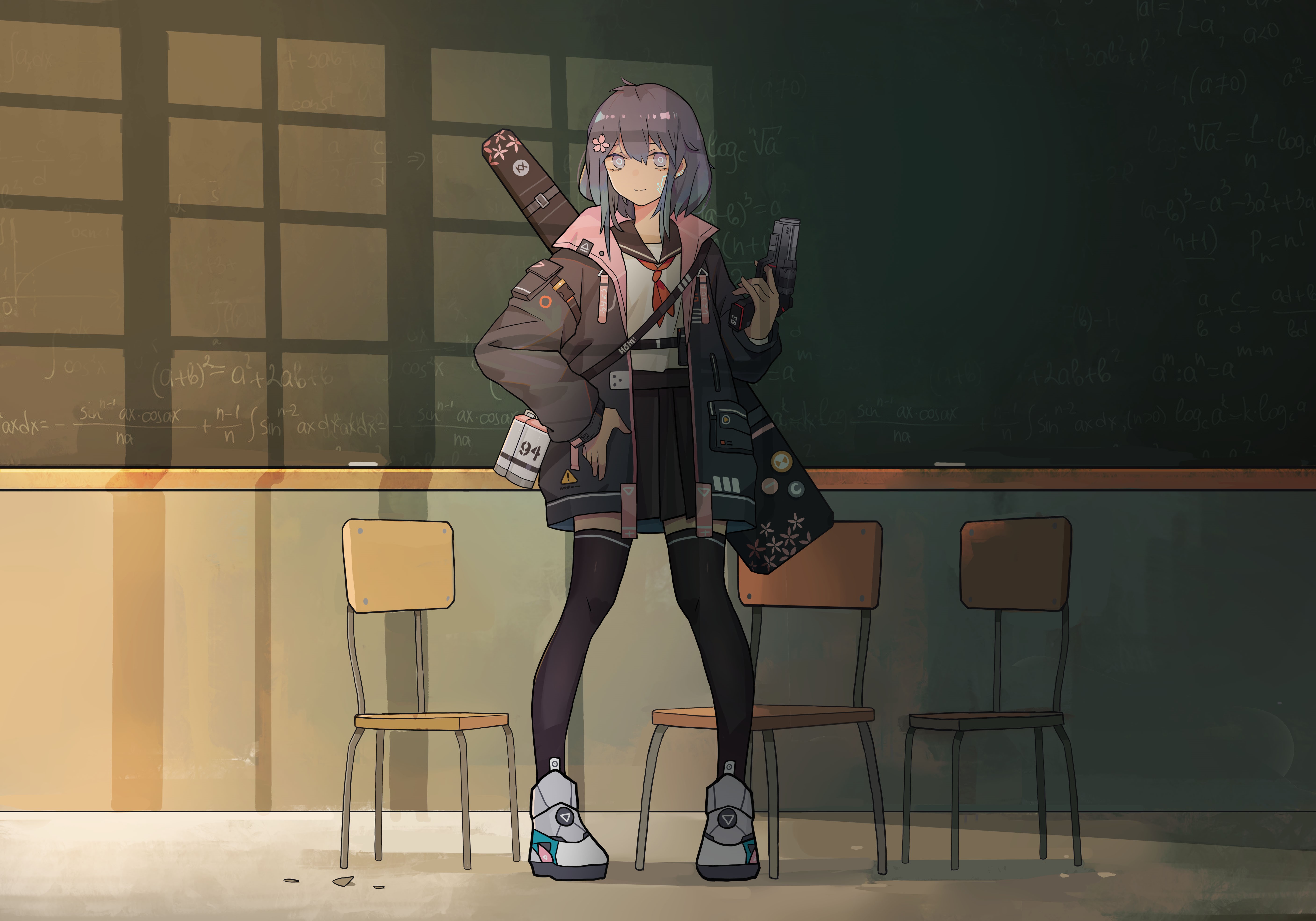 Anime girl with weapon in classroom HD Wallpaper