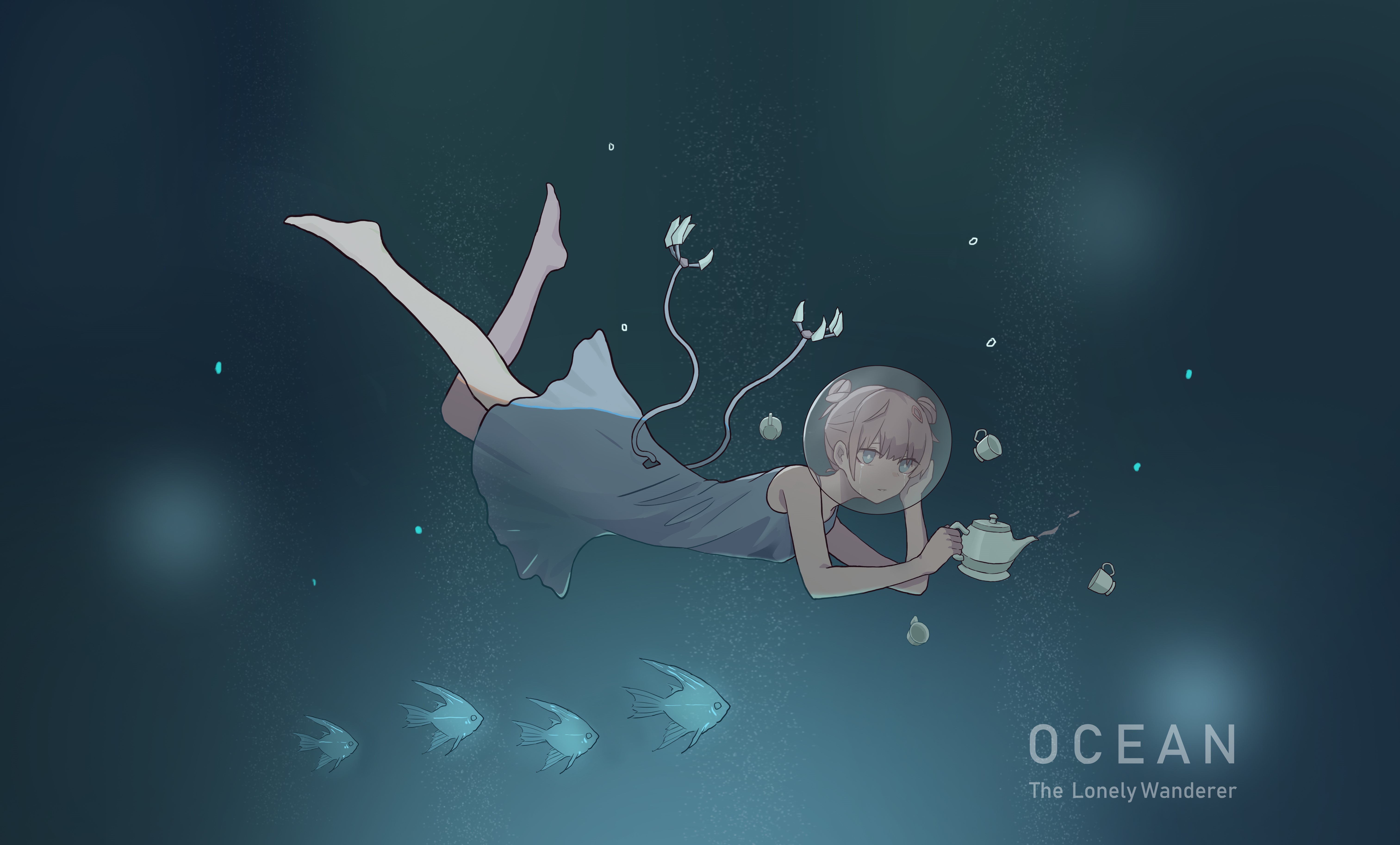 Anime girl in helmet underwater with teapot HD Wallpaper