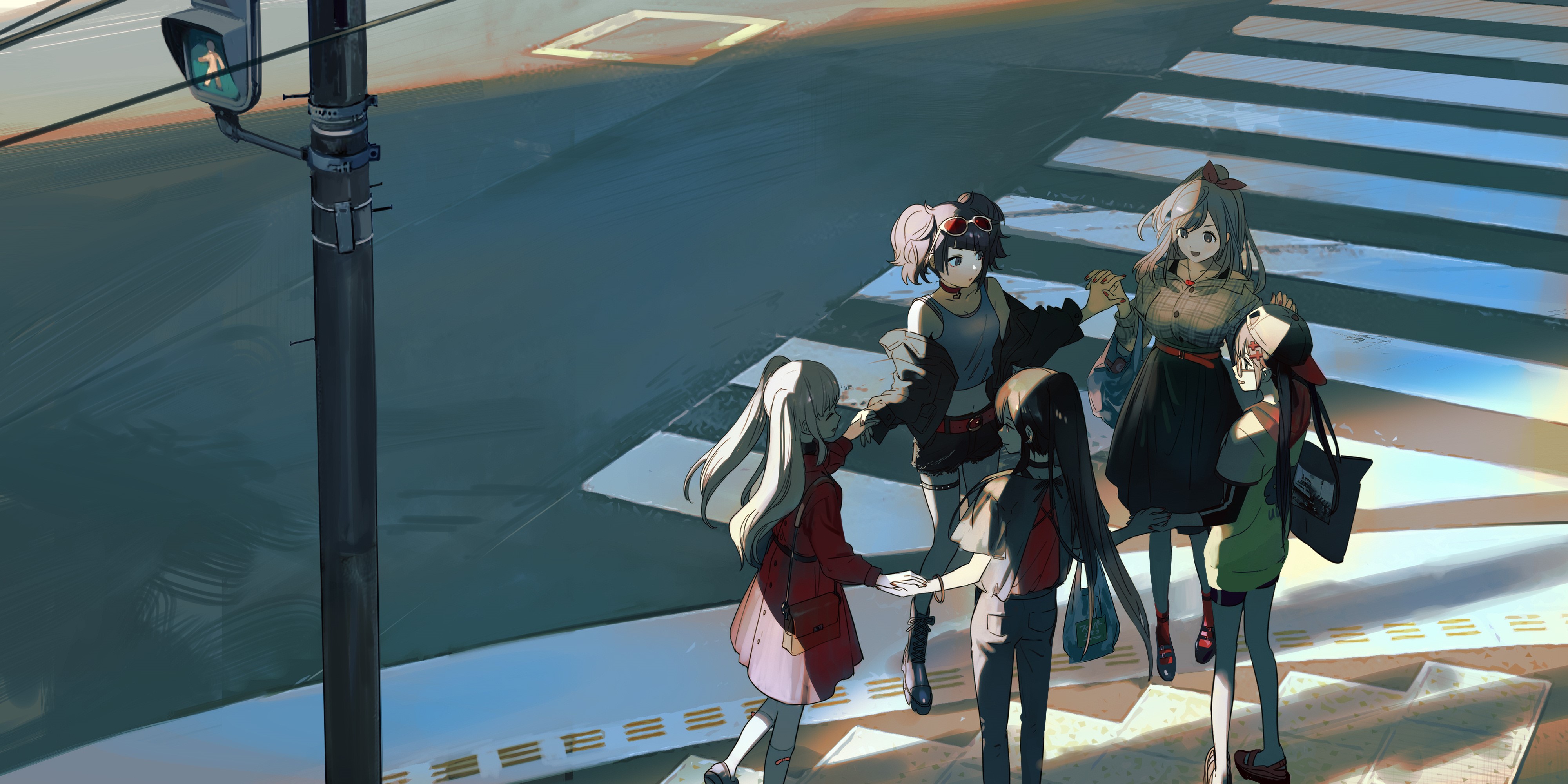 Anime girls at a city crosswalk HD Wallpaper