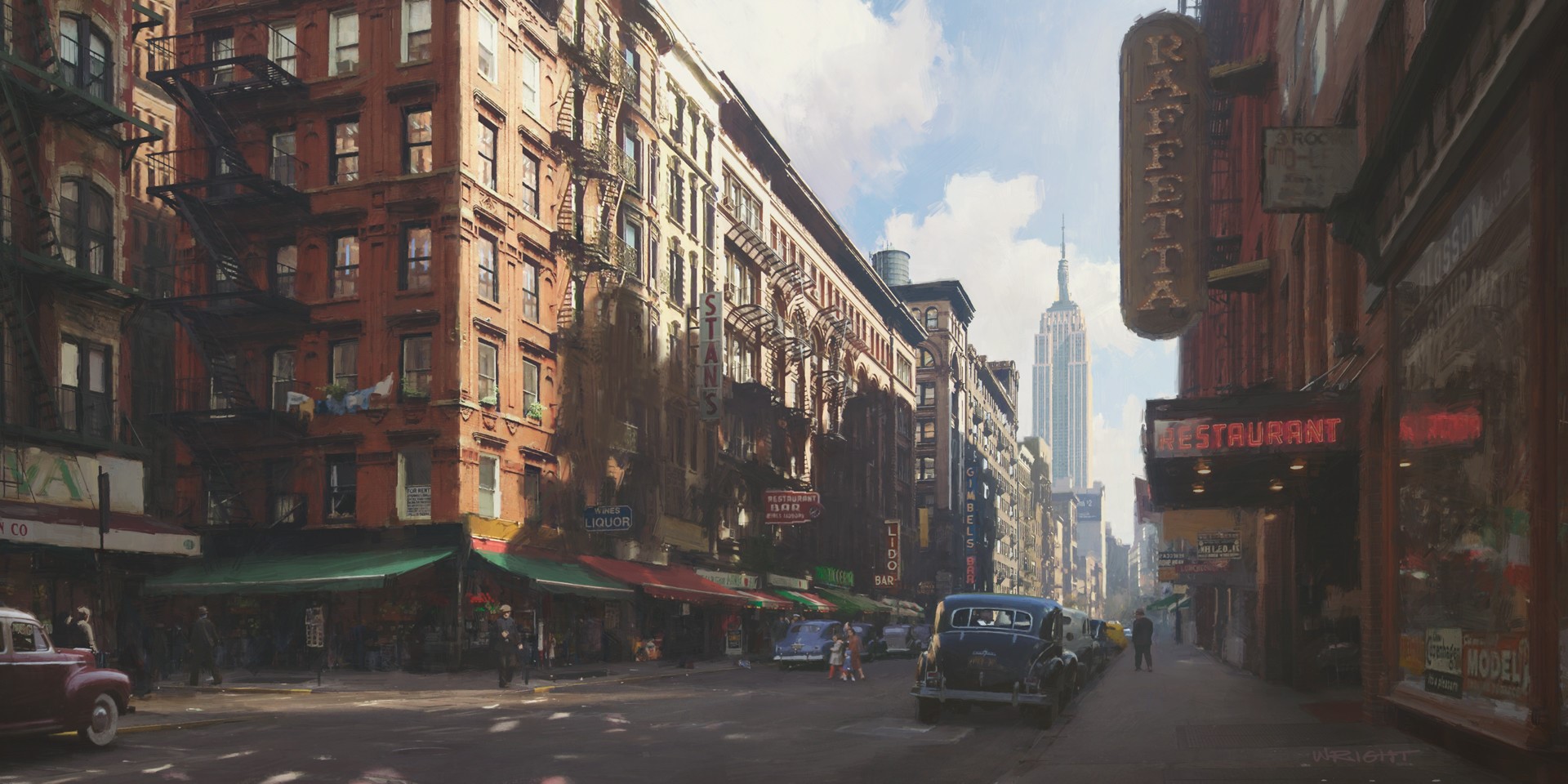 New York City street with Empire State Building and vintage cars HD Wallpaper