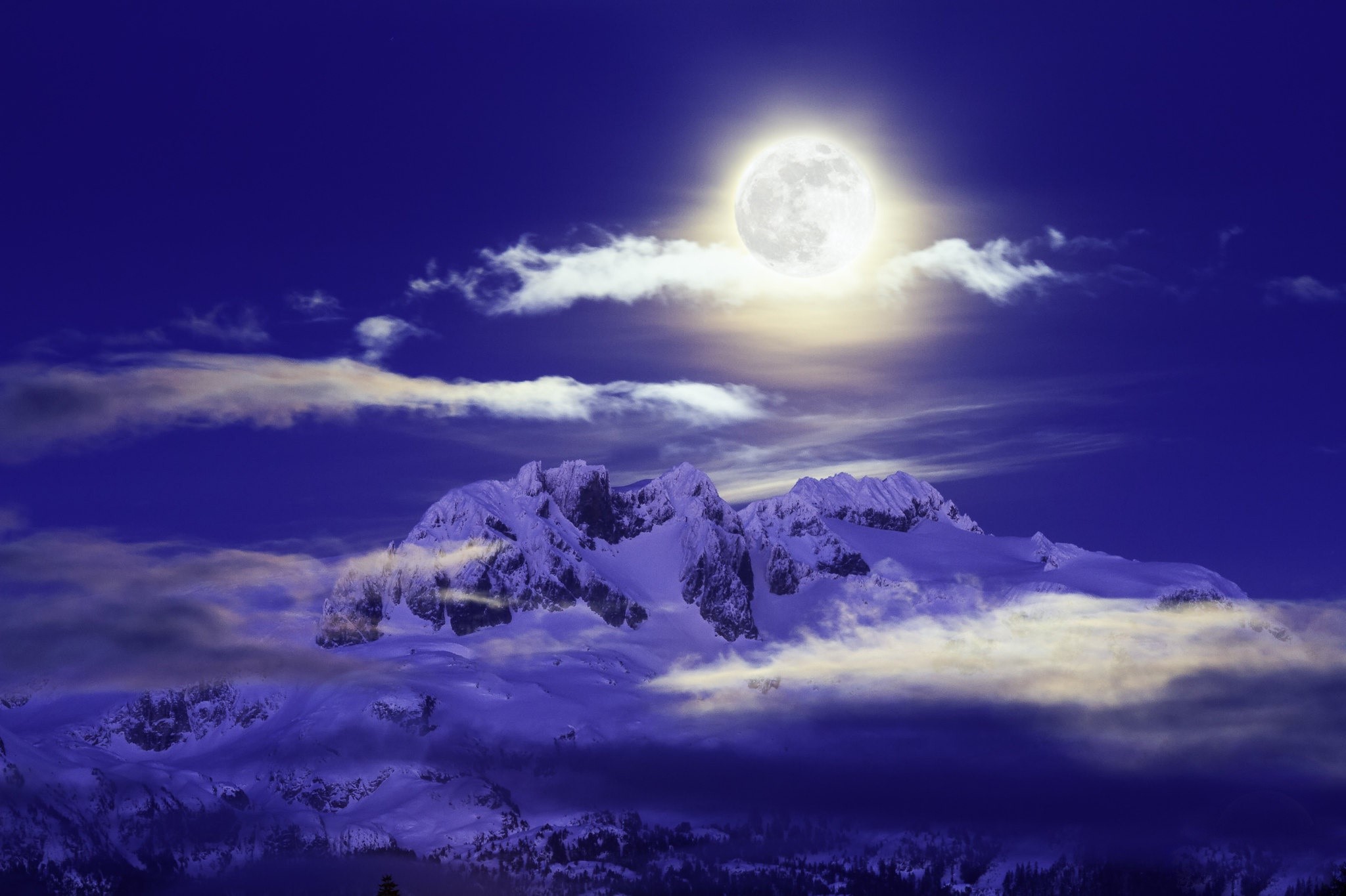 Full moon over snow-covered mountains at night HD Wallpaper