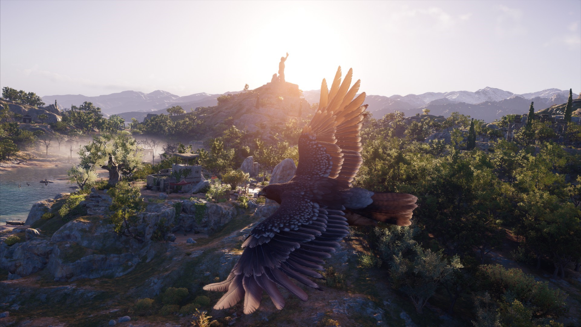 Eagle flying over landscape with statue in Assassin's Creed Odyssey HD Wallpaper