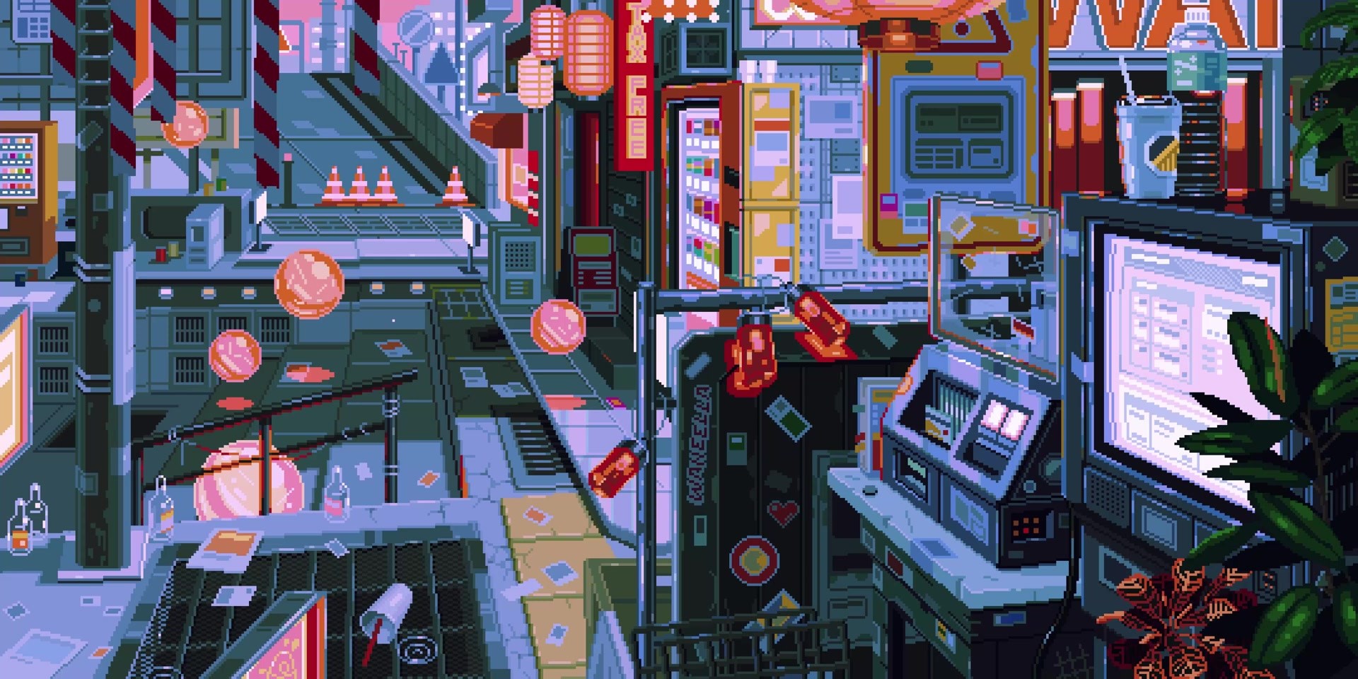 Pixel art cyberpunk city street with vending machines and lanterns HD Wallpaper