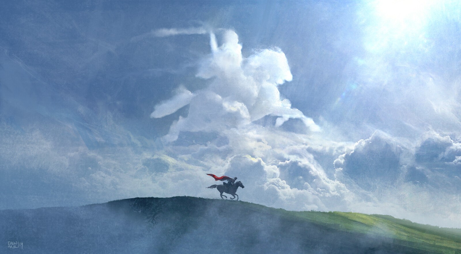 Fantasy art of a rider on a horse with clouds HD Wallpaper