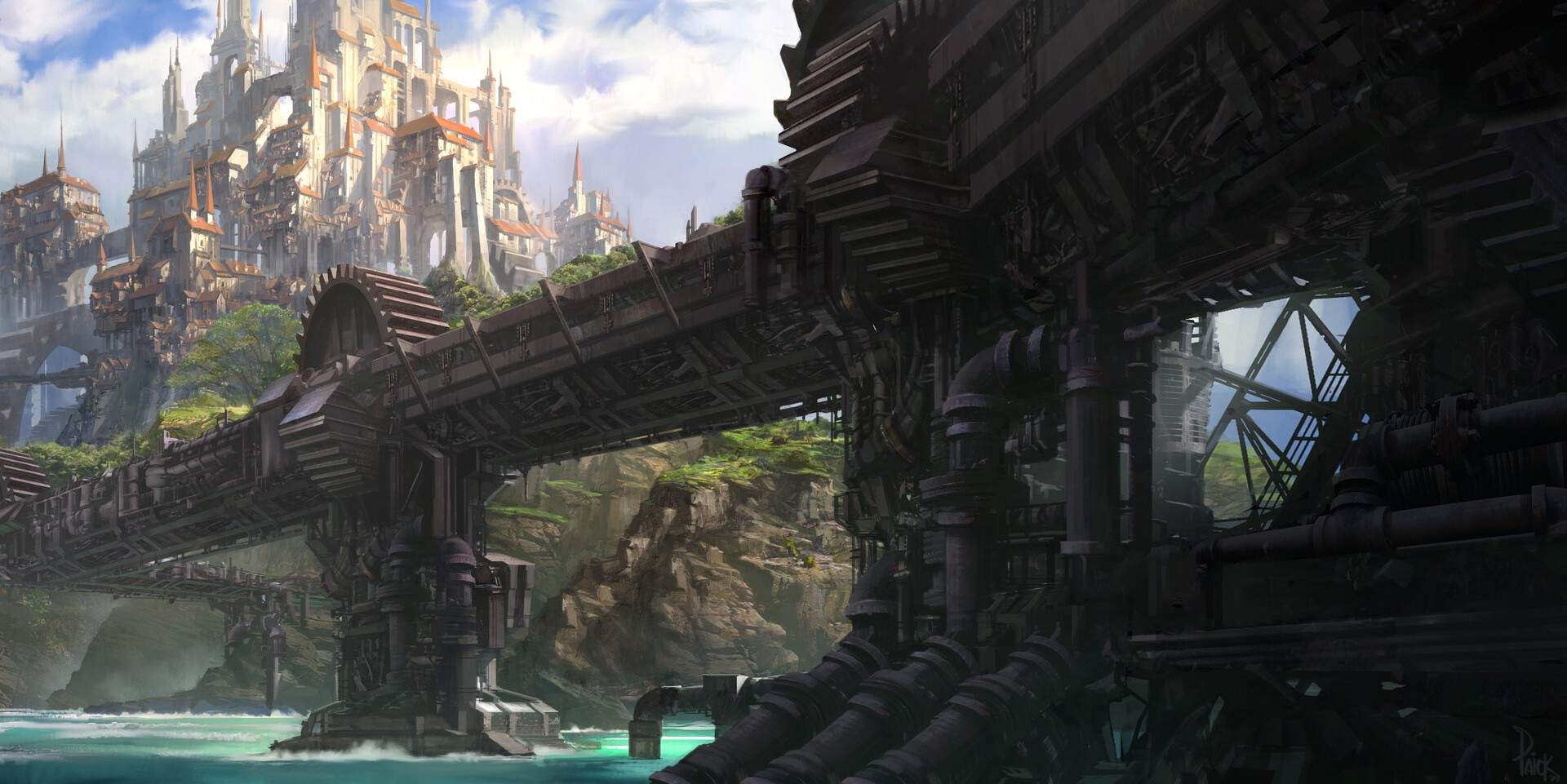 Steampunk city with industrial bridge over river HD Wallpaper