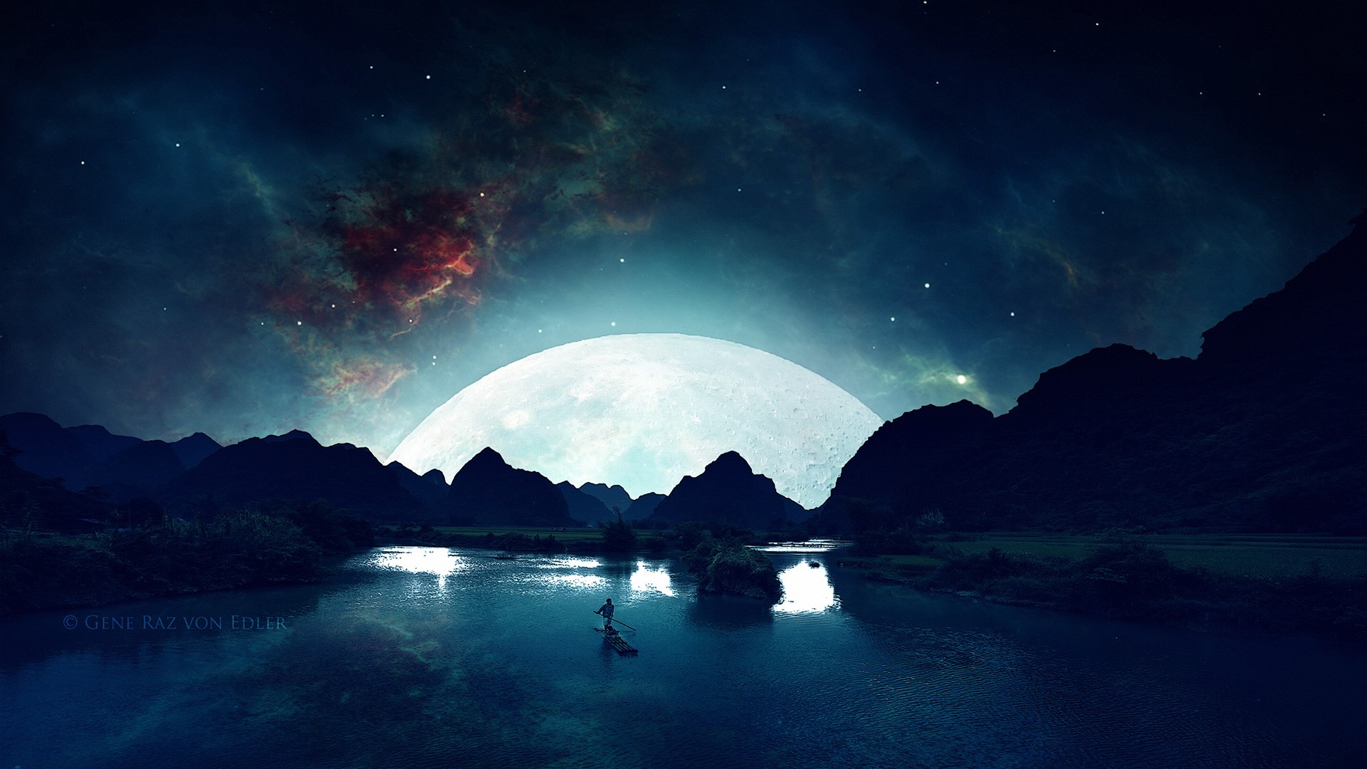 Digital art dreamscape with a large moon over mountains and water HD Wallpaper