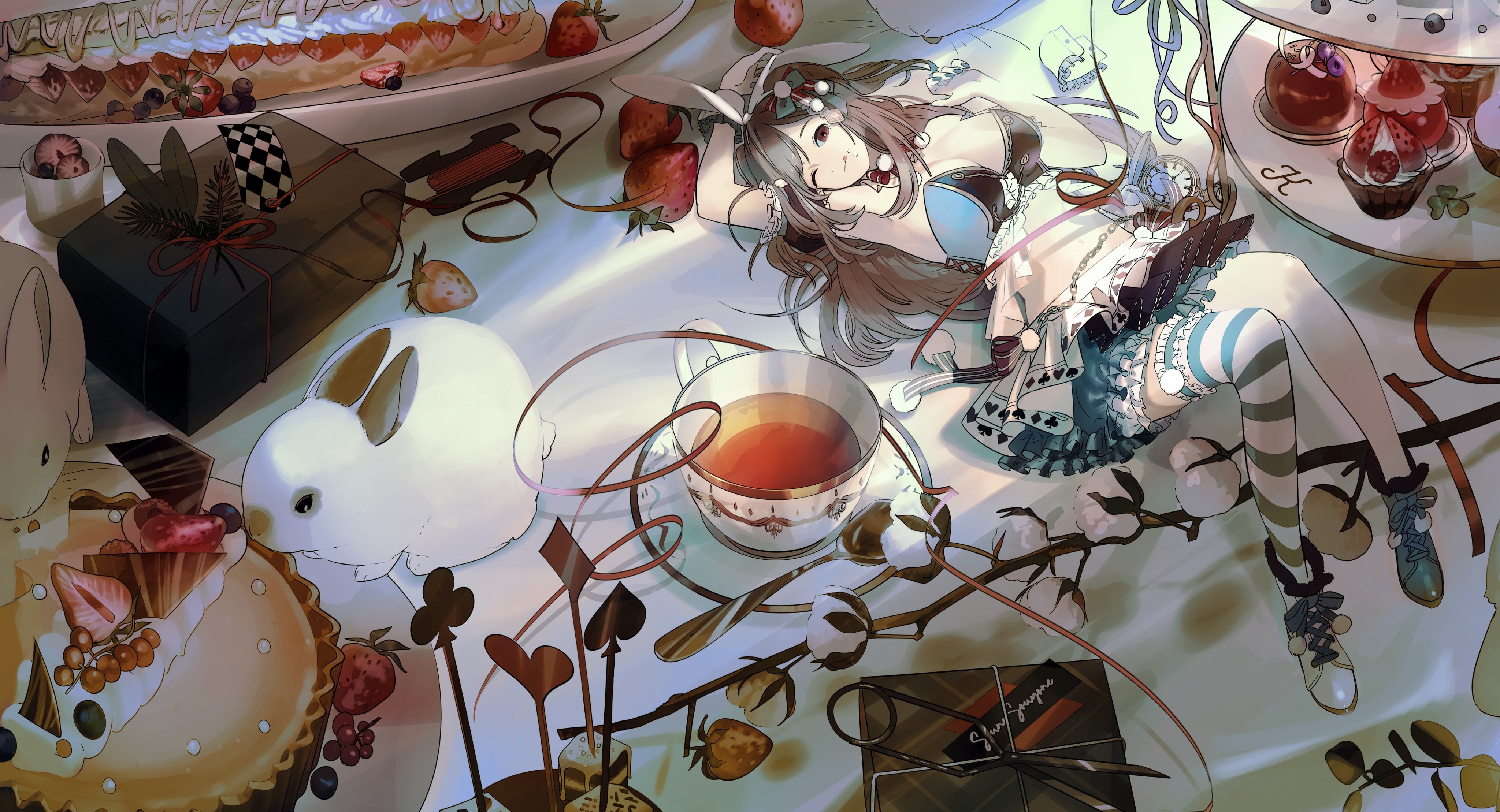 Alice in Wonderland Tea Party with Bunnies HD Wallpaper