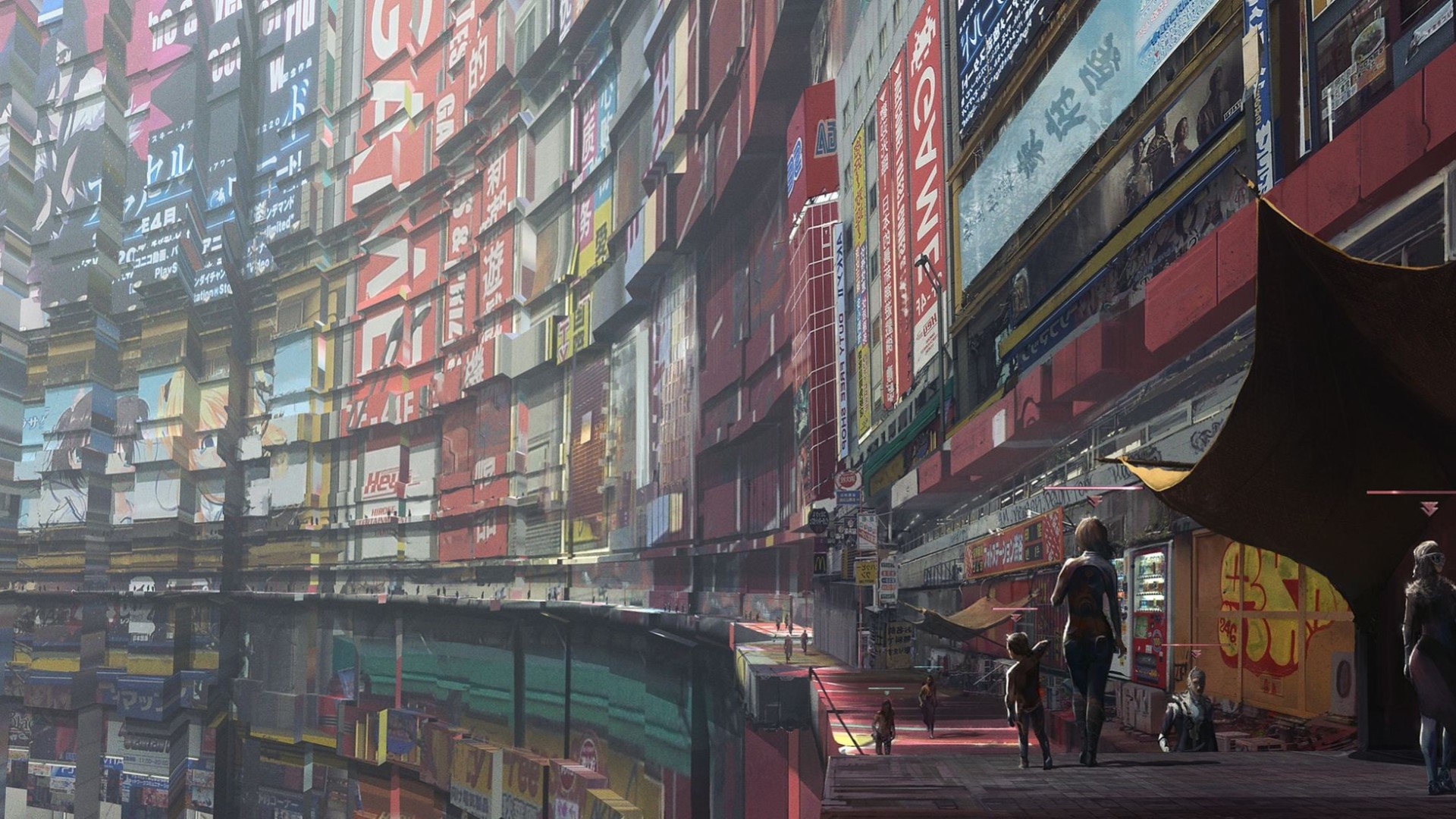 Futuristic city street with towering buildings and advertisements HD Wallpaper