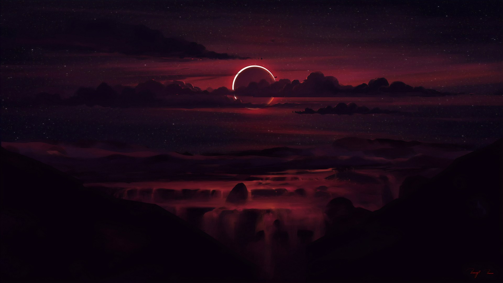Solar eclipse over a dark, misty landscape HD Wallpaper