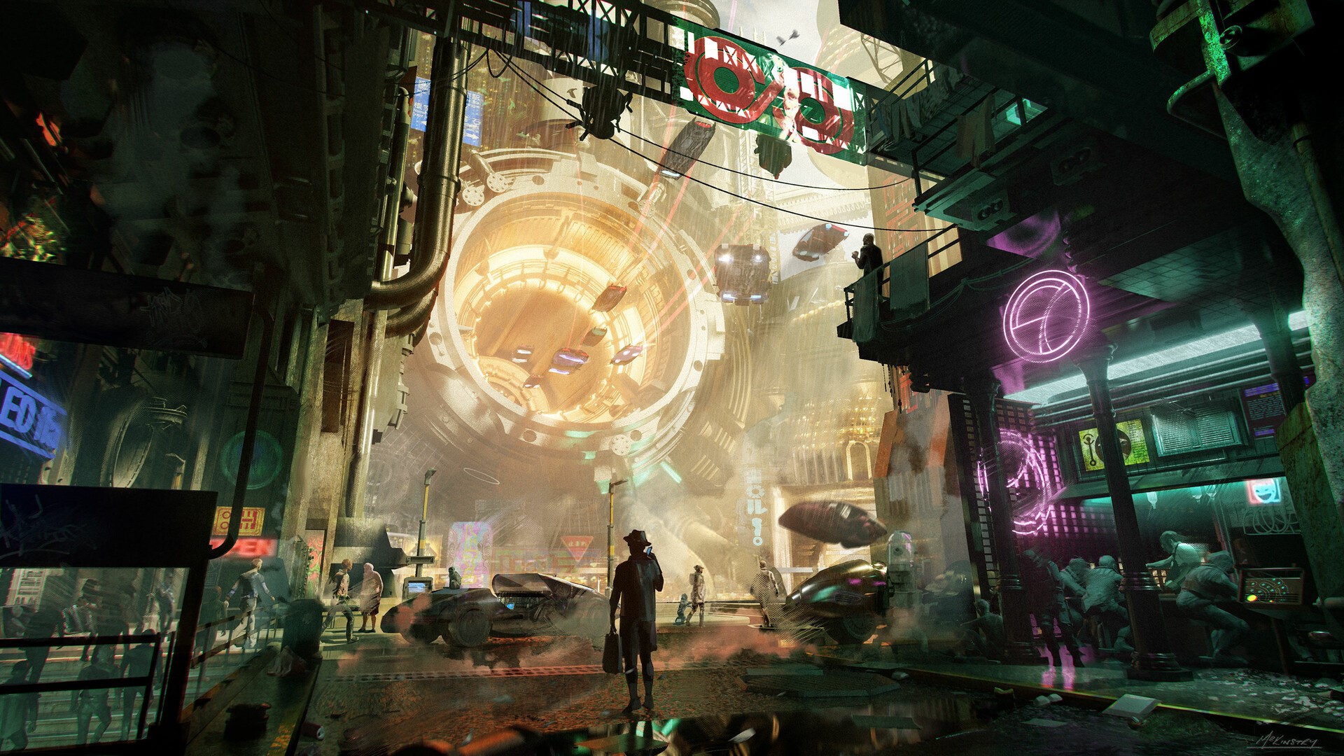 Cyberpunk city market with futuristic vehicles and neon signs HD Wallpaper
