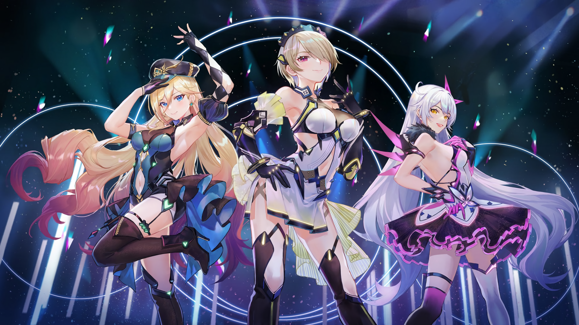 Three anime girls in idol outfits on stage HD Wallpaper