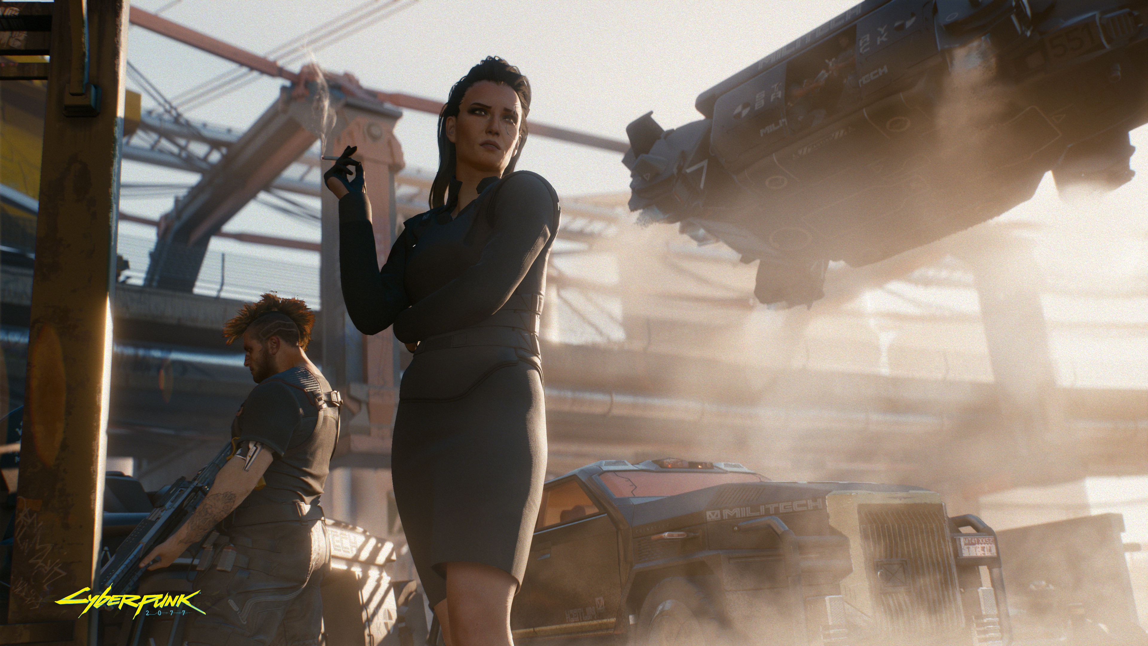 Woman smoking near Militech vehicle and aircraft in Cyberpunk 2077 HD Wallpaper