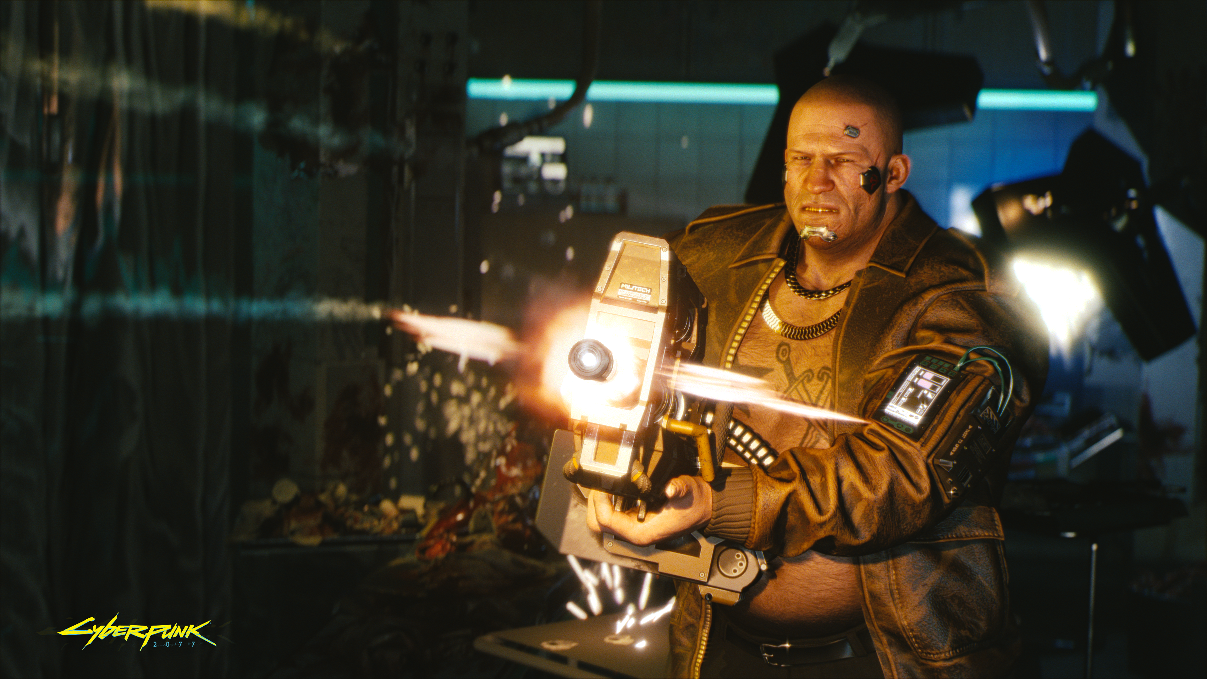 Man firing a weapon in Cyberpunk 2077 HD Wallpaper