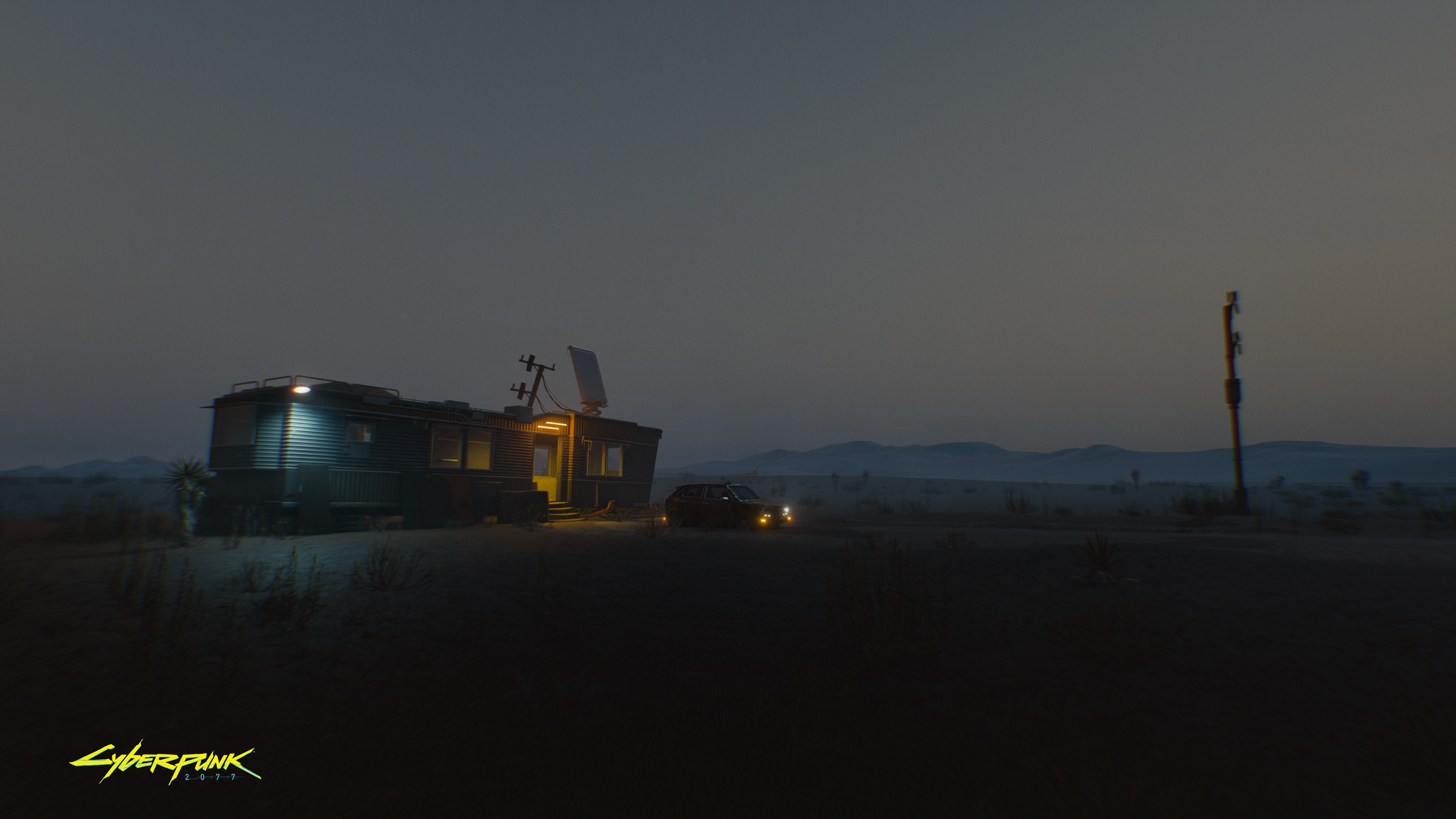 Cyberpunk 2077 screenshot of a trailer home at night HD Wallpaper