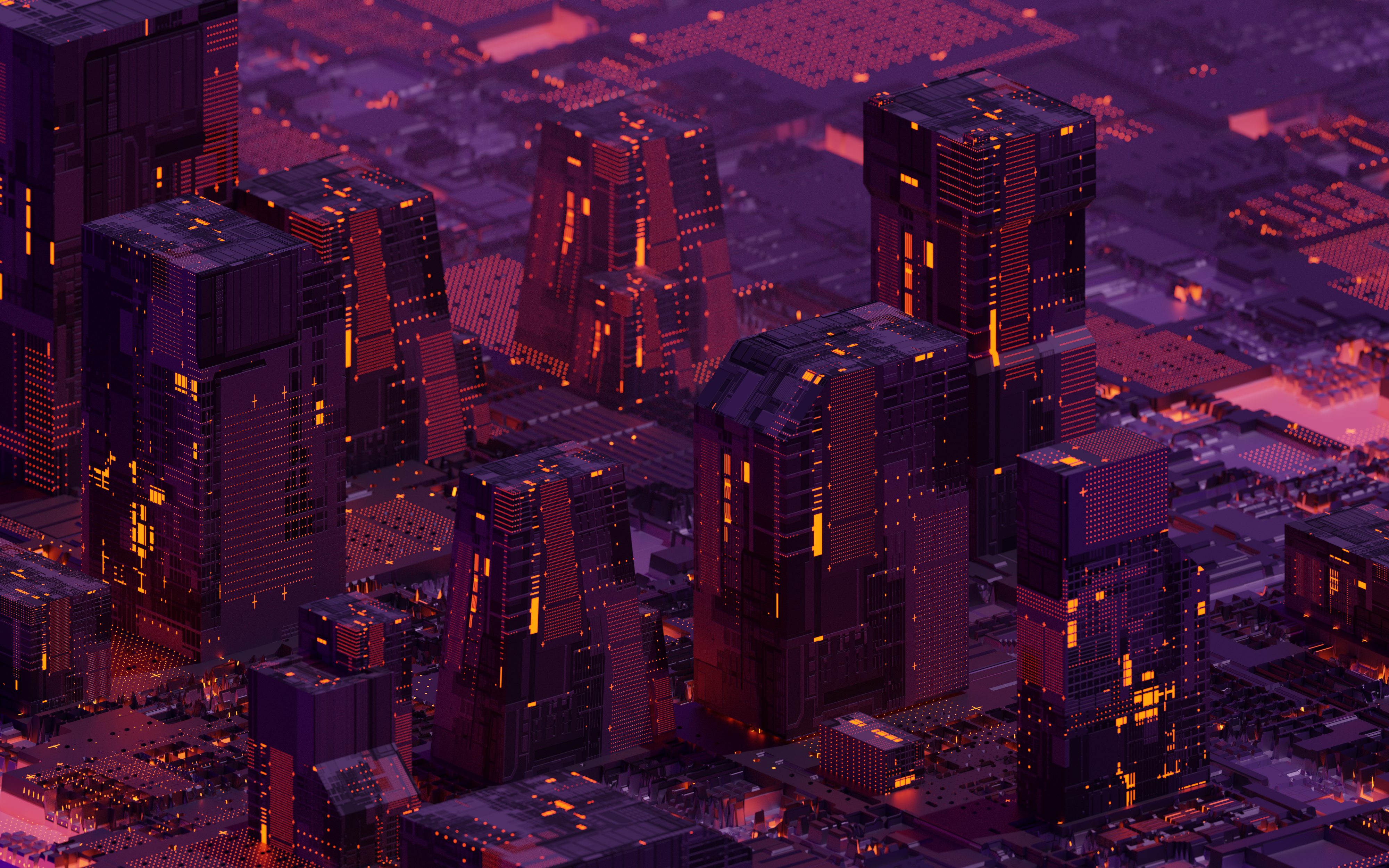 3D Abstract Cityscape with Orange Lights HD Wallpaper