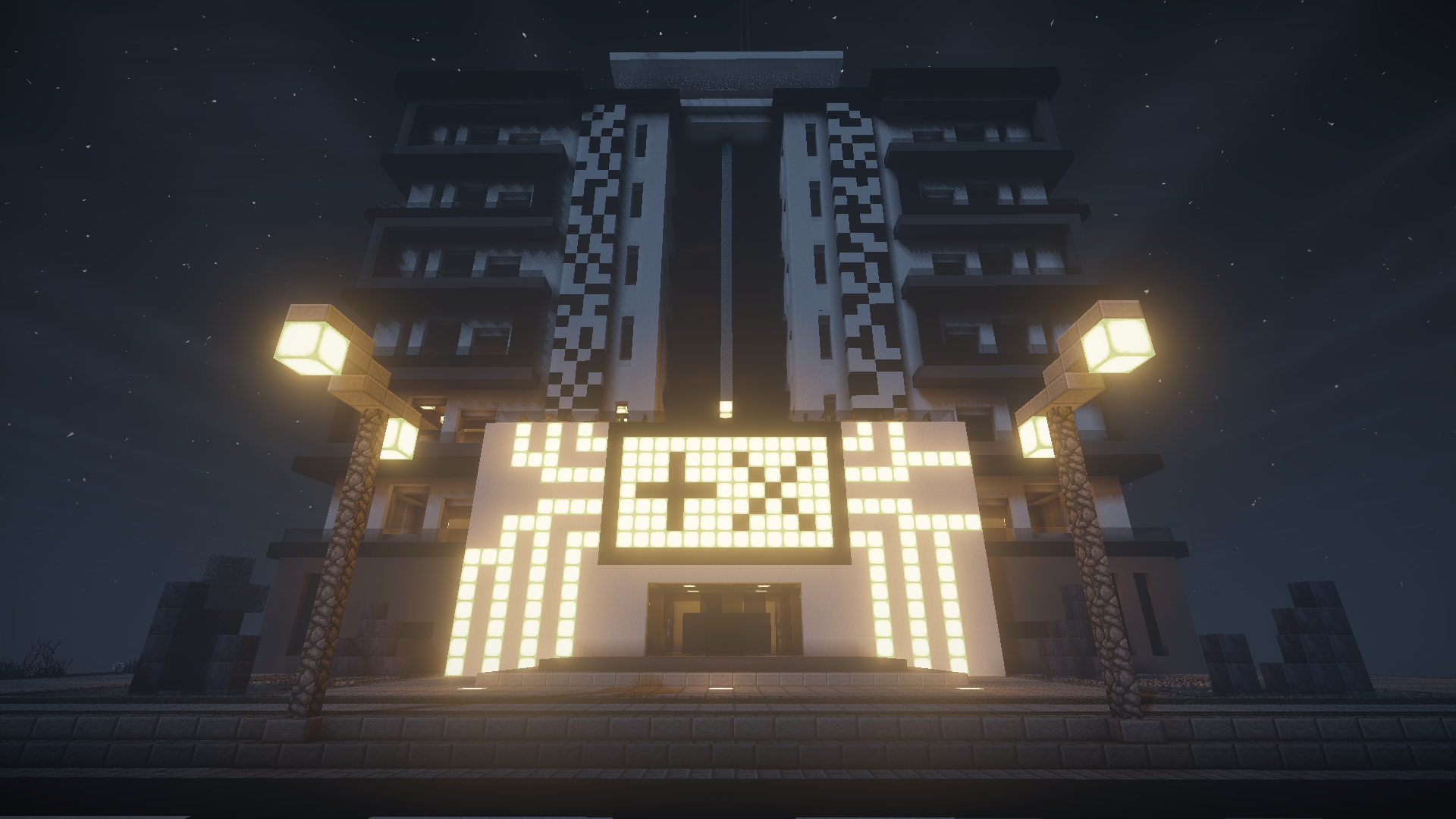 Minecraft building with illuminated sign at night HD Wallpaper